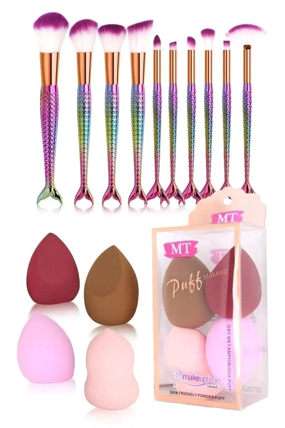 Maqya Profesyonel Gökkuşağı Renkli 10'lu Fırça ve Sünger Seti ile Makyajınızı Yenileyin