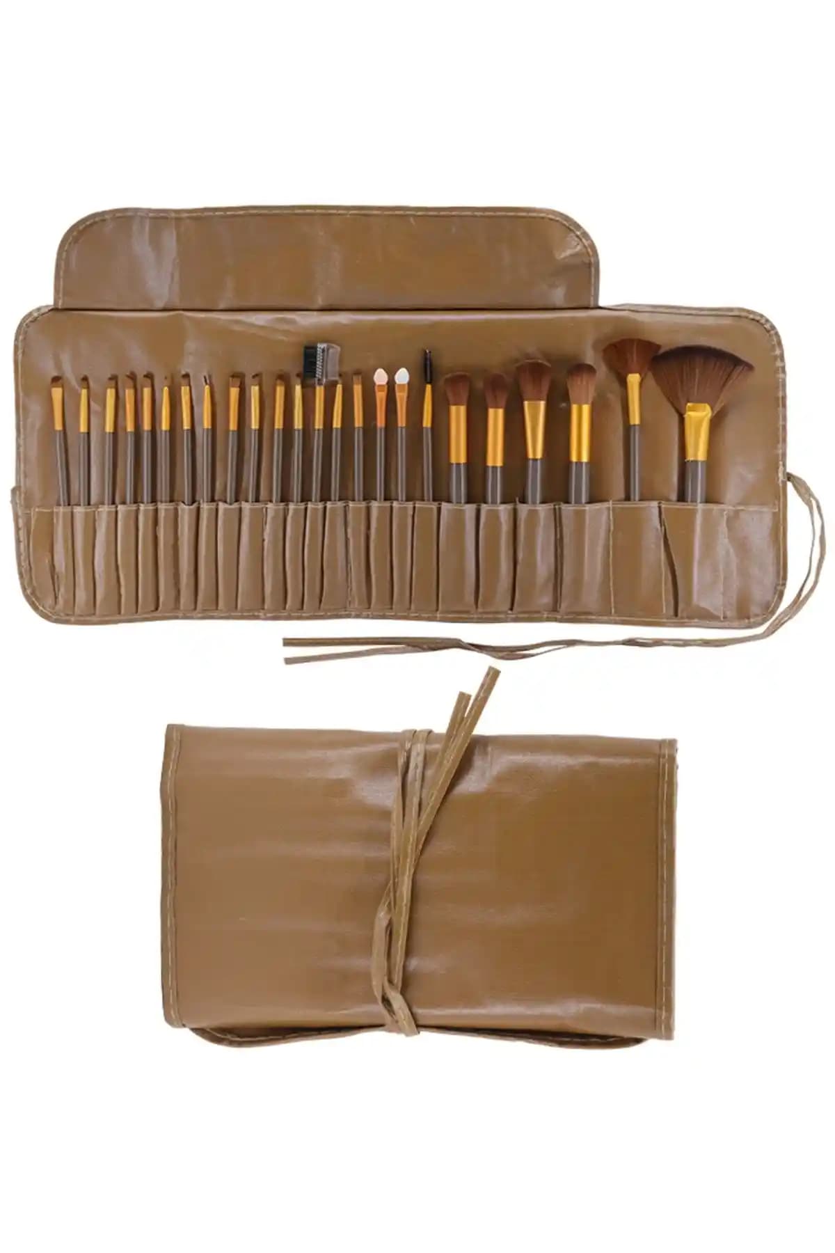 Makyaj Tutkunları İçin MUJGAN 24'lü Kahverengi Deri Çantalı Fırça Seti Detayları