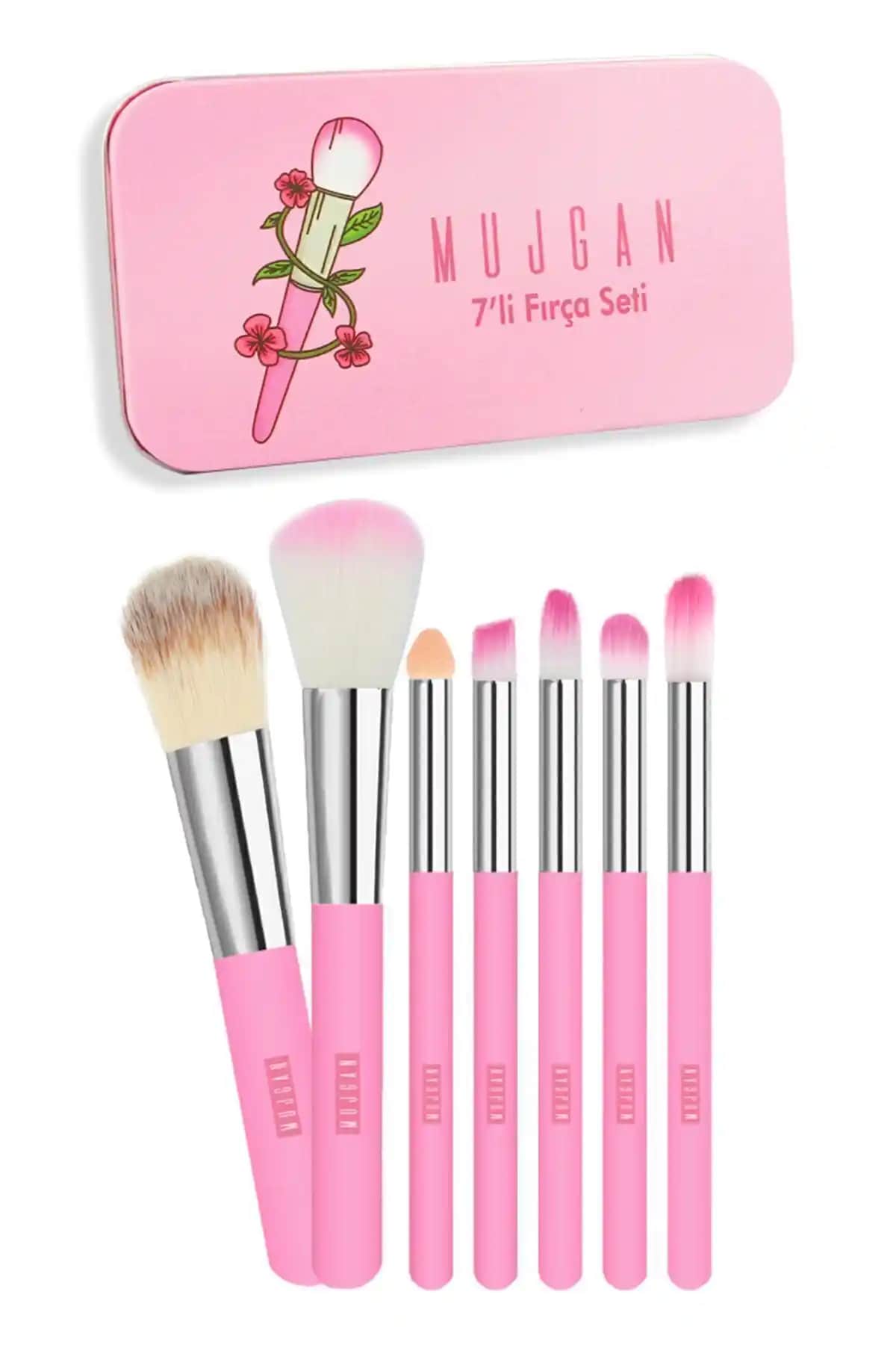 MUJGAN 7'li Fırça Seti Metal Kutulu Pembe Şık ve Kullanışlı Makyaj Fırçası Seti