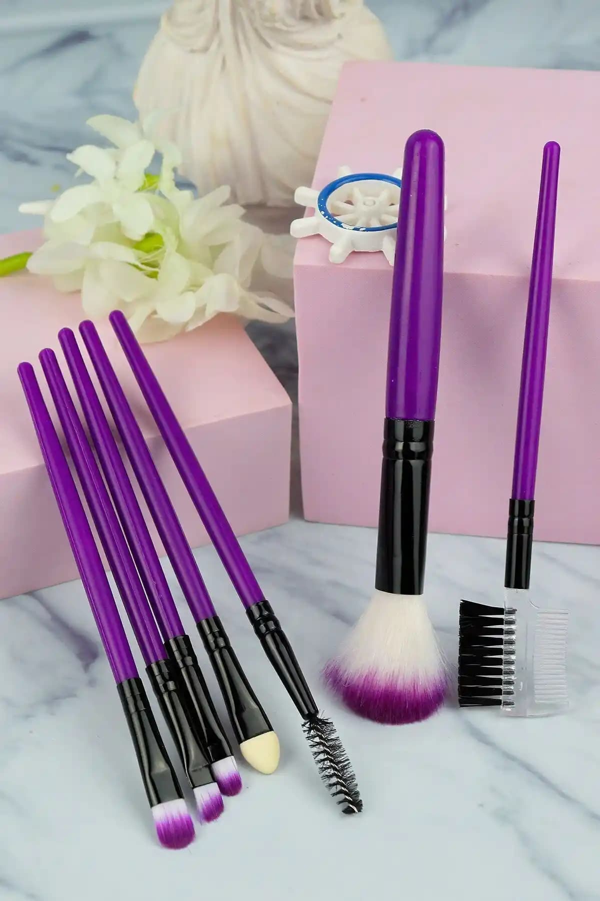 MUJGAN 7'li Poşetli Mor Fırça Seti Profesyonel ve Kişisel Kullanım İçin Uygun