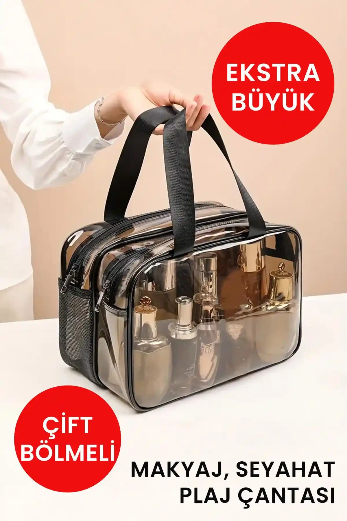 Arnee Şeffaf Çift Bölmeli Büyük Kozmetik Çantası Seyahat ve Plaj Kullanımı İçin