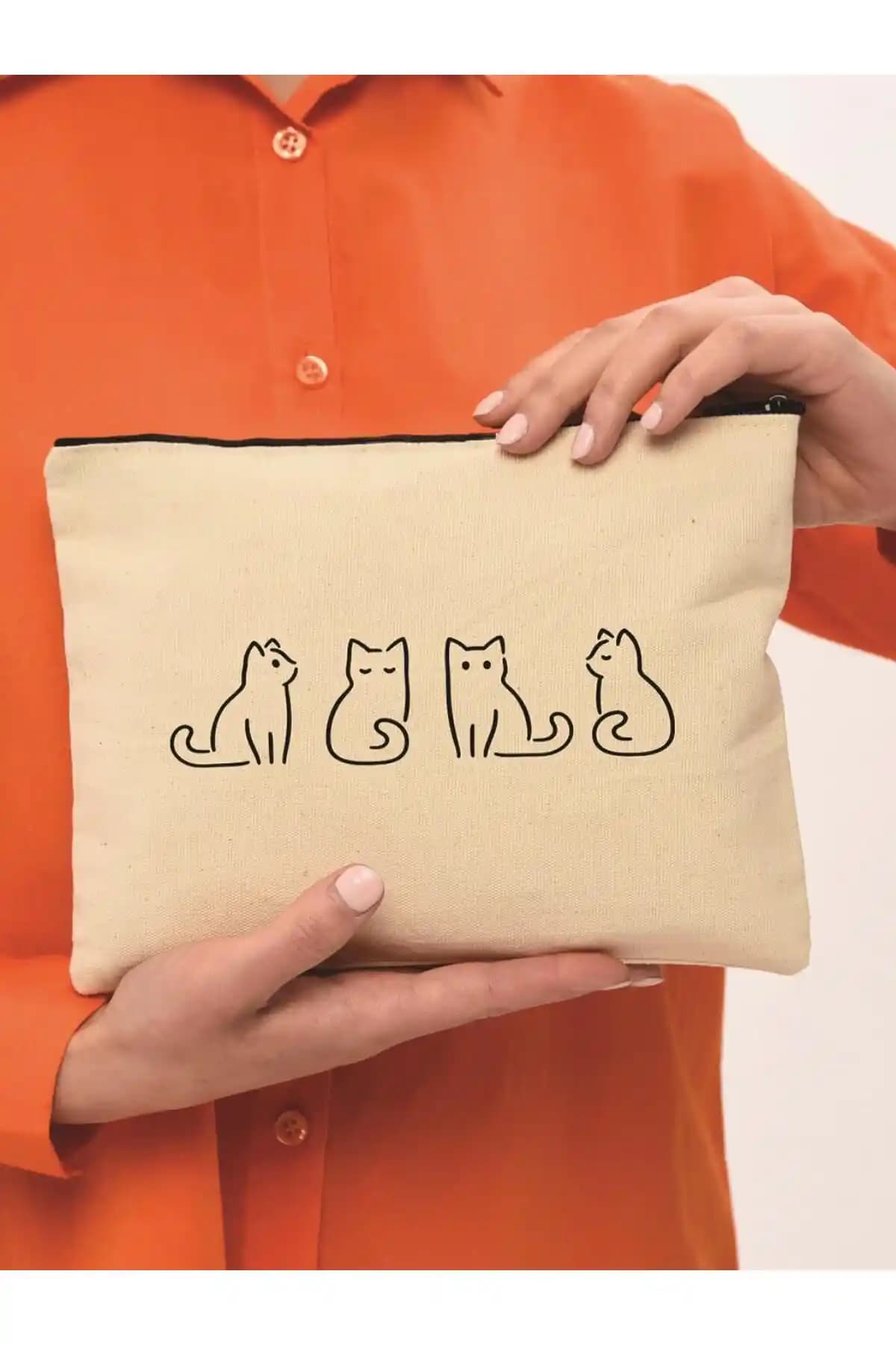 Çınar Bez Çanta Clutch Minik Kediler Kanvas Makyaj Çantası Günlük Kullanım İçin Şık ve Dayanıklı