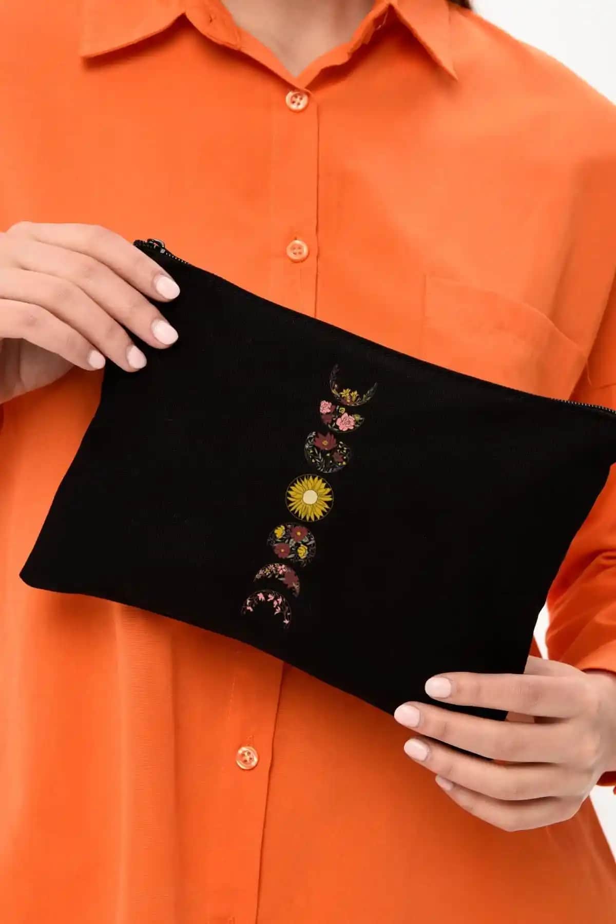 Çınar Bez Çanta Clutch Yarım Ay Siyah Kanvas Makyaj Çantası Günlük ve Davet Kullanımı İçin