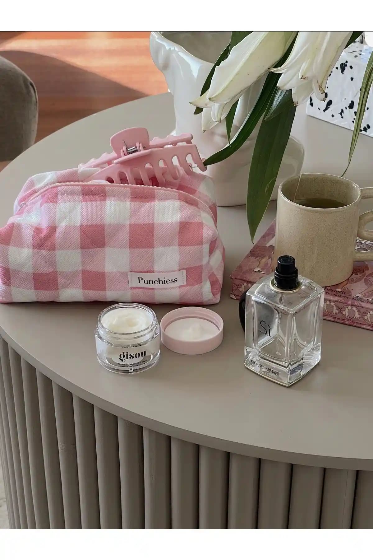 Punchiess Pembe Pötikareli Makyaj Çantası Günlük Kullanım ve Seyahat İçin Uygun