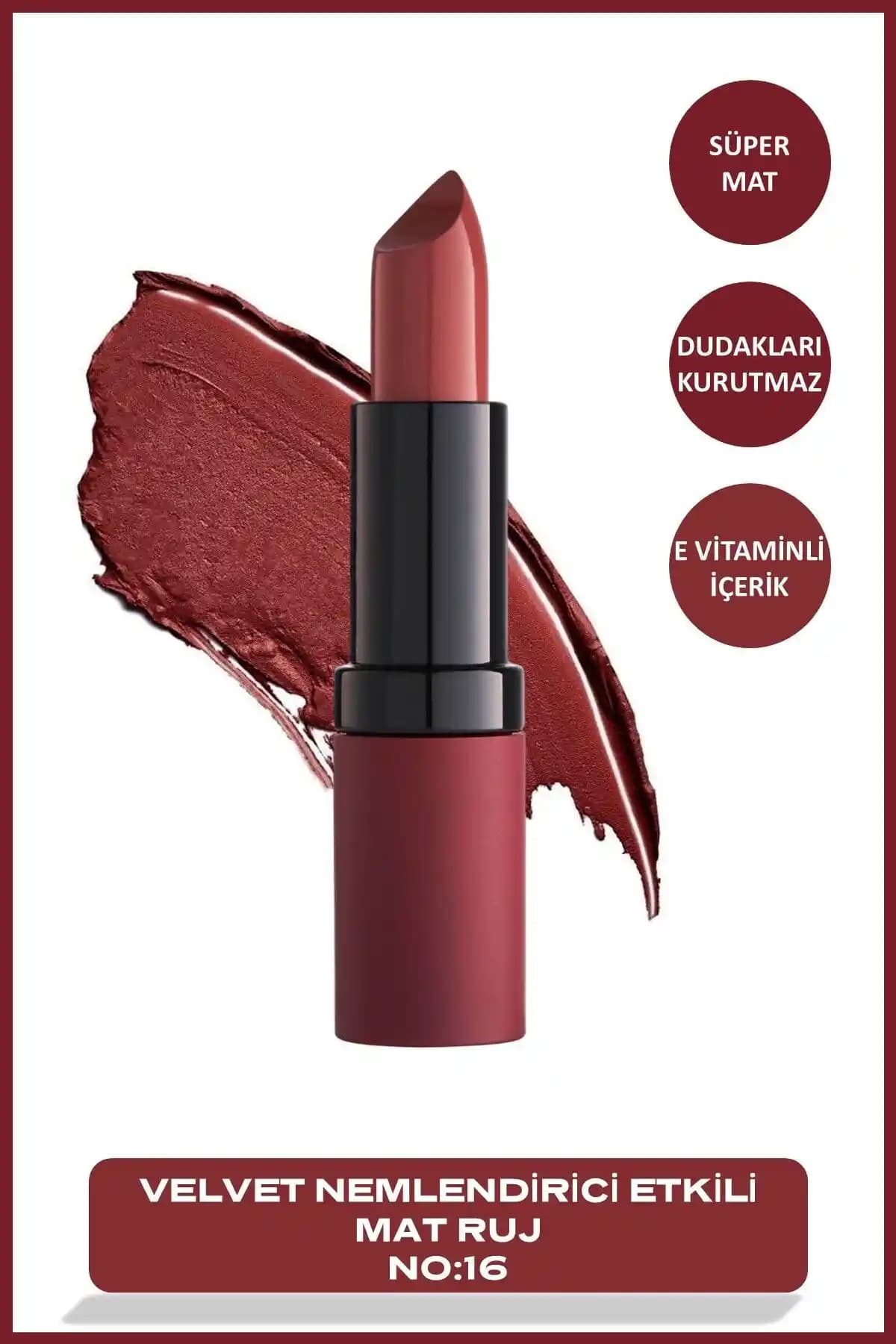 Golden Rose Velvet Matte No: 16 Velvet Teddy Mat Ruj ile doğal ve kalıcı dudak görünümü sağlar
