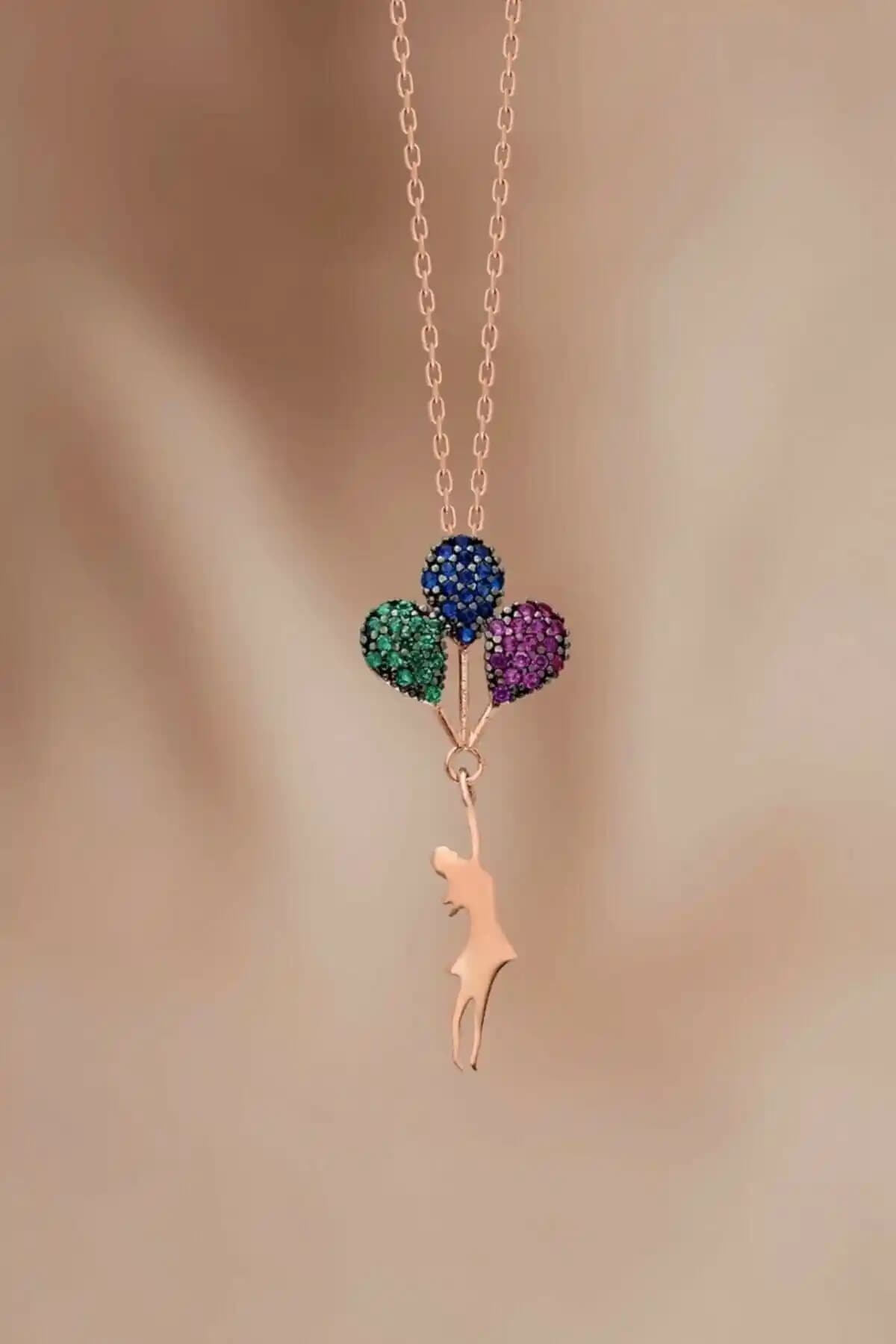 925 Ayar Gümüş Rose Kaplama Balonlu Kız Kolye Şık ve Dayanıklı Tasarım