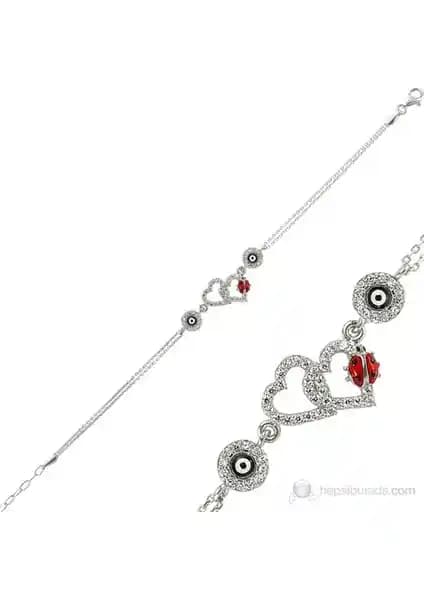 925 Ayar Gümüş Zirkon Taşlı Kalp ve Uğur Böcekli Bayan Bileklikleri
