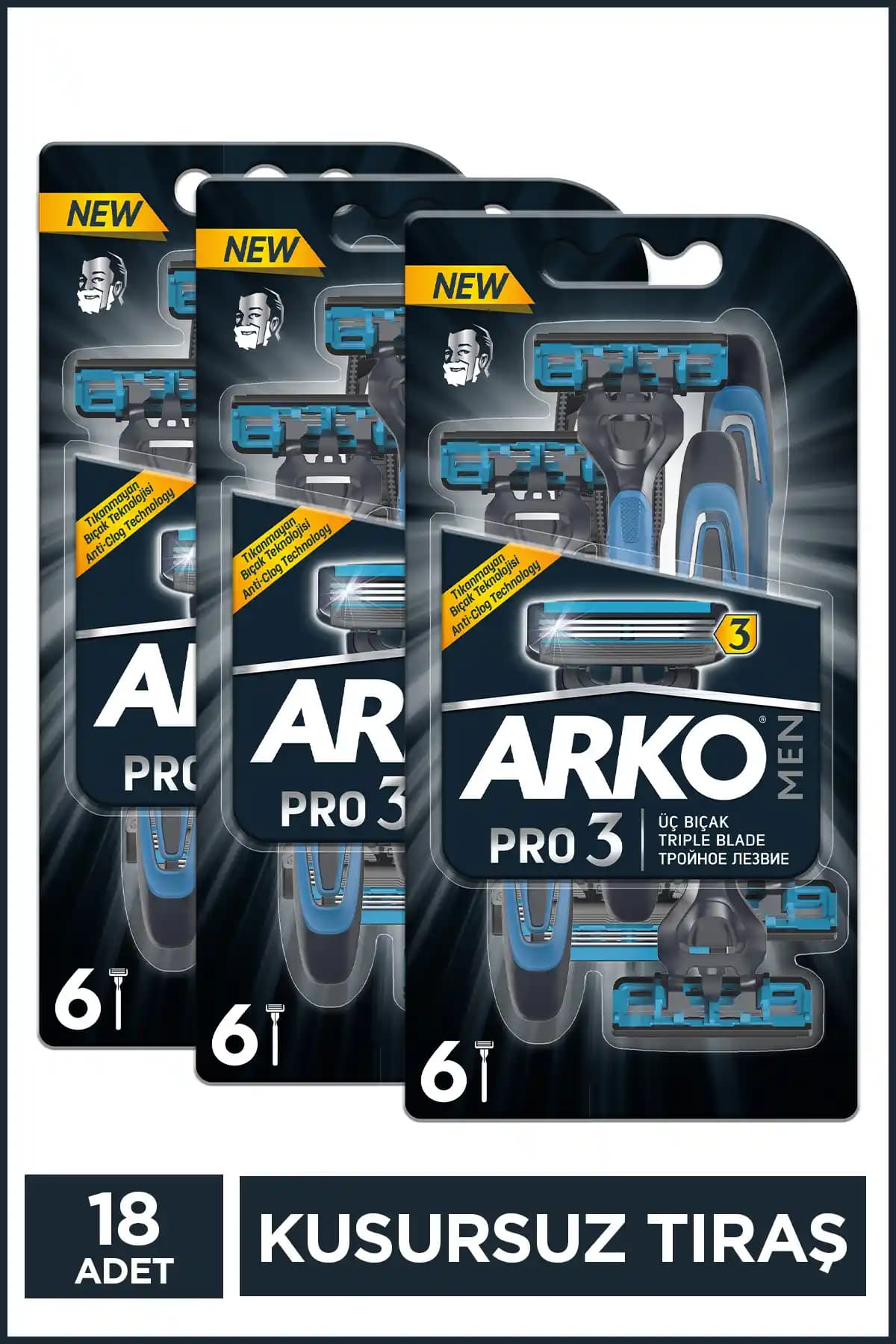 Arko Men Pro3 18'li 3 Bıçaklı Erkek Tıraş Bıçağı Seti Yüksek Performans ve Dayanıklılık