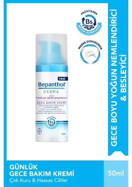 Bepanthol Derma 50ml Yoğun Nemlendirici Gece Yüz Bakım Kremi Kuru ve Hassas Ciltler İçin