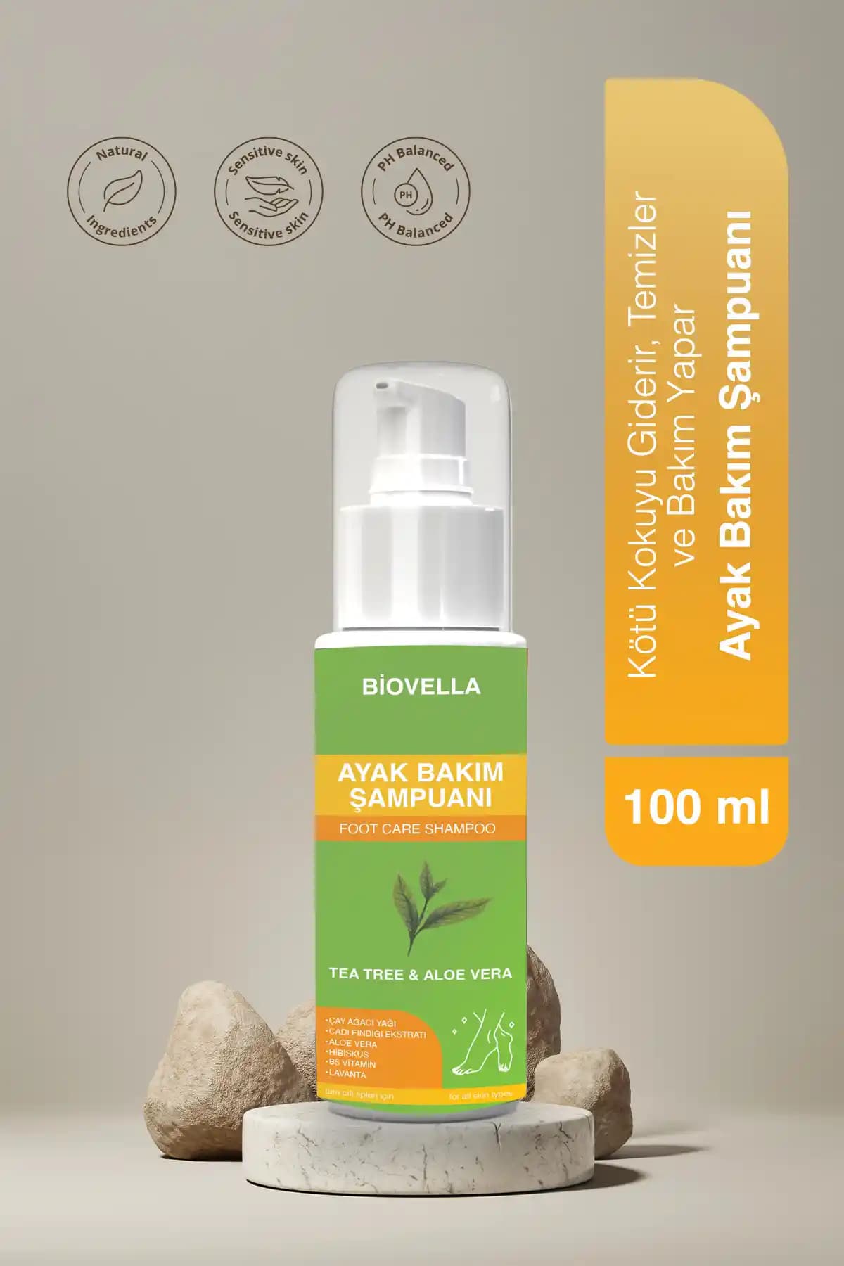 BİOVELLA Ayak Kokusu Giderici Nemlendirici Çay Ağacı ve Doğal Özlü Köpüklü Ayak Bakım Şampuanı