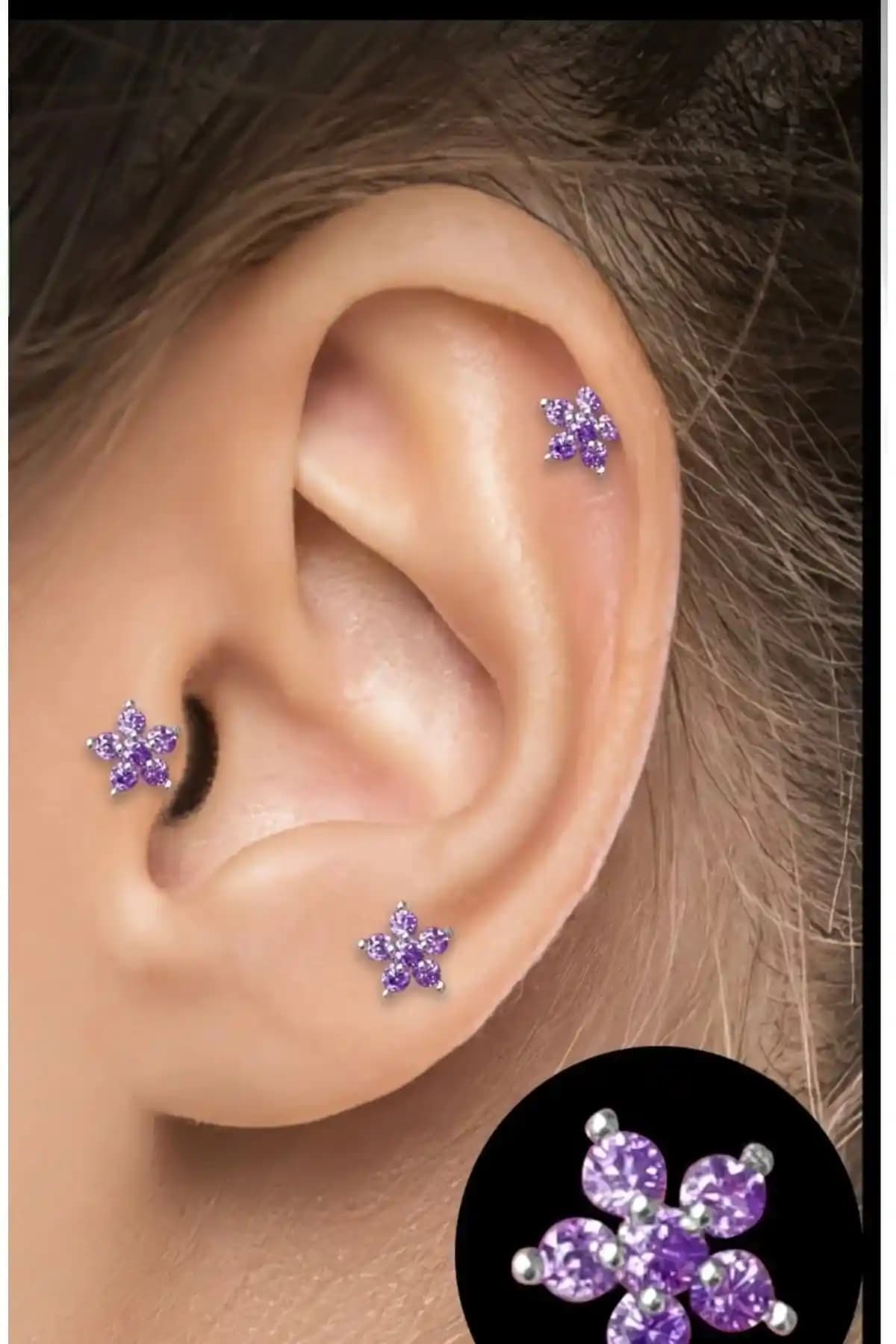 Dilek Çetin Aksesuar Ametist Taşlı Çelik Kıkırdak Piercingi Günlük ve Özel Kullanım İçin