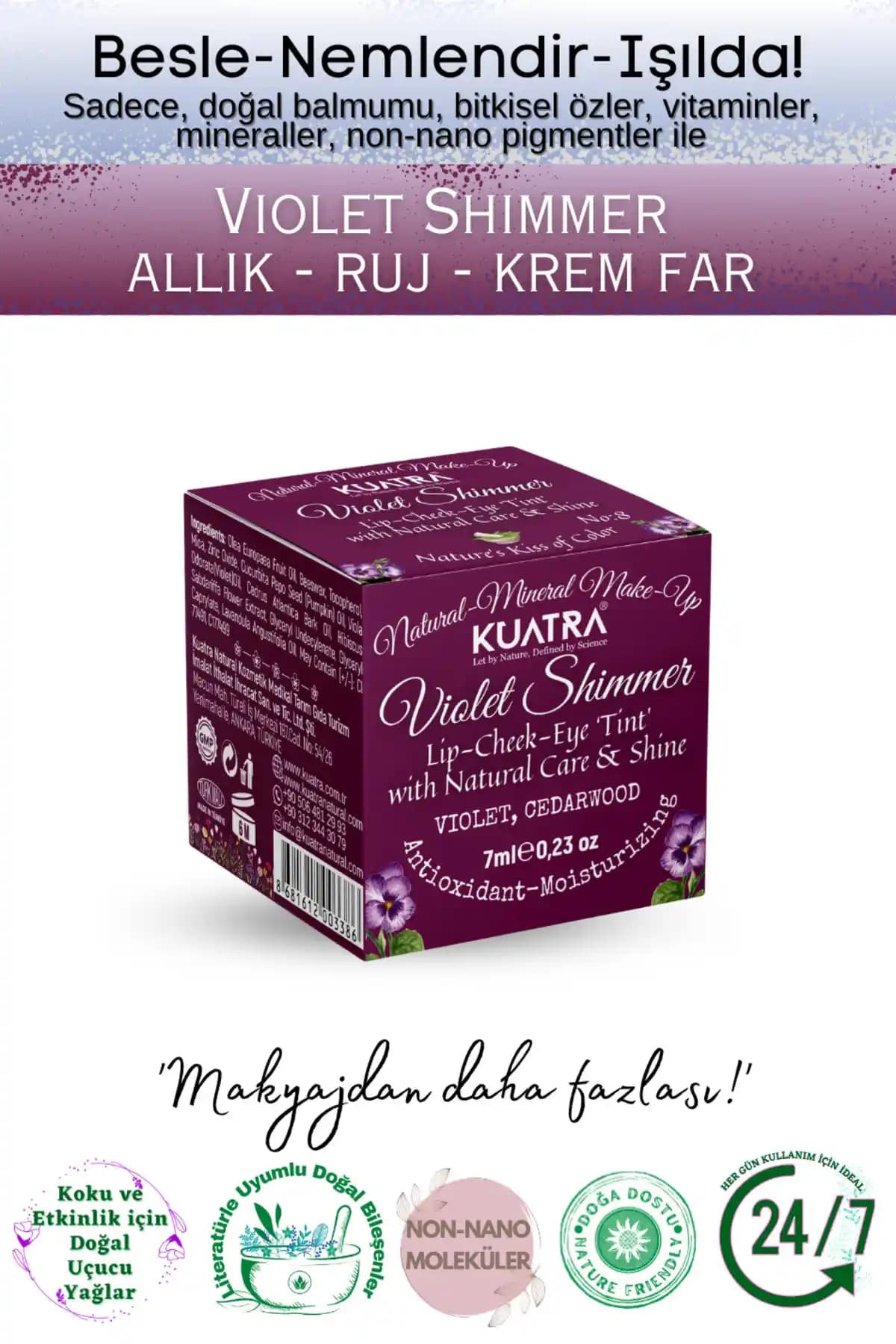 Kuatra Violet Shimmer Lip-Cheek-Eye ‘Tint’ Doğal ve Çok Yönlü Makyaj ve Cilt Bakım Ürünü