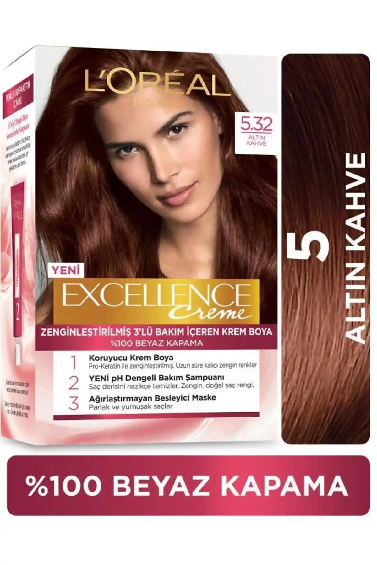 L'Oreal Paris Excellence Creme 5.32 Altın Kahve Saç Boyası Güçlü Beyaz Kapama ve Doğal Görünüm İçin