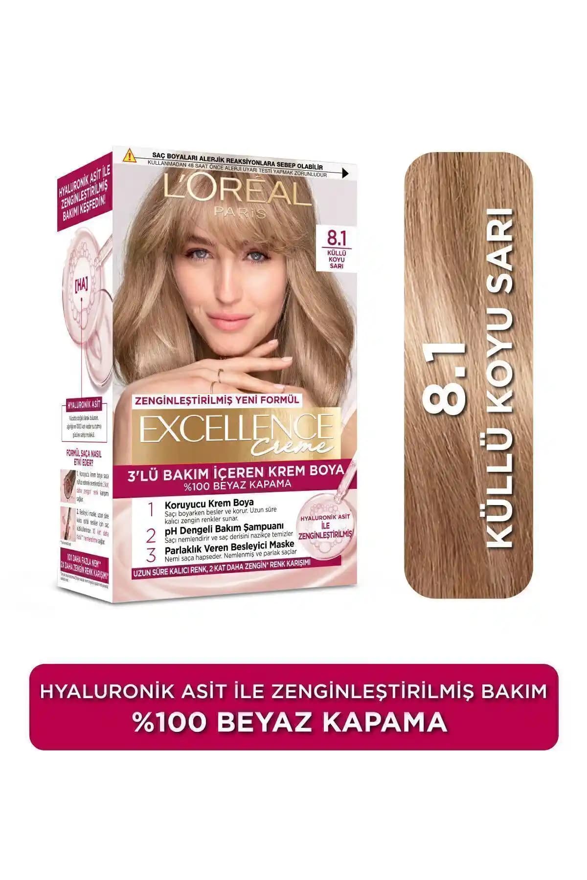 L'Oreal Paris Excellence Creme 8.1 Koyu Sarı Küllü Saç Boyası ve Bakım Özellikleri