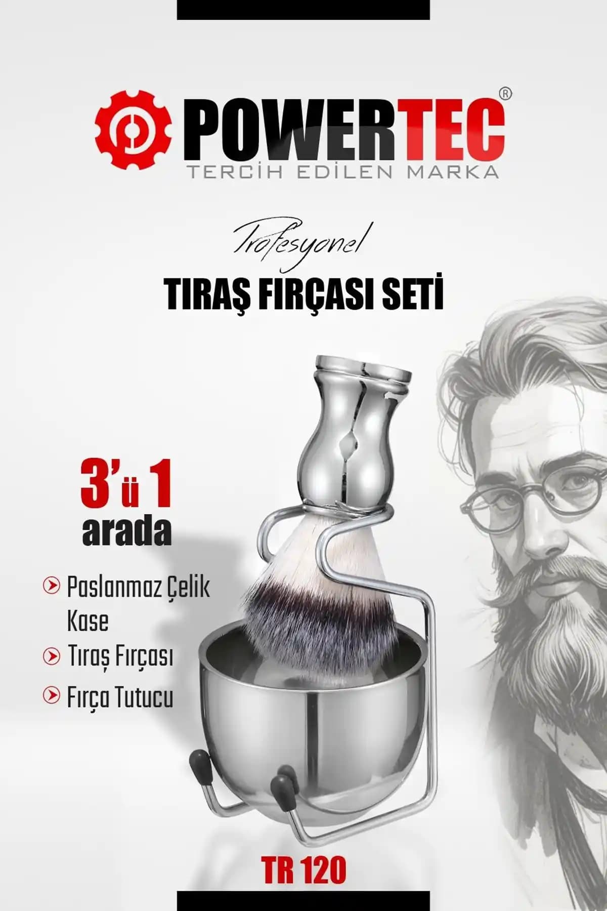 Powertec TR-120 Profesyonel Paslanmaz Çelik Tıraş Fırçası Seti: Kalite ve Estetiğin Buluşması