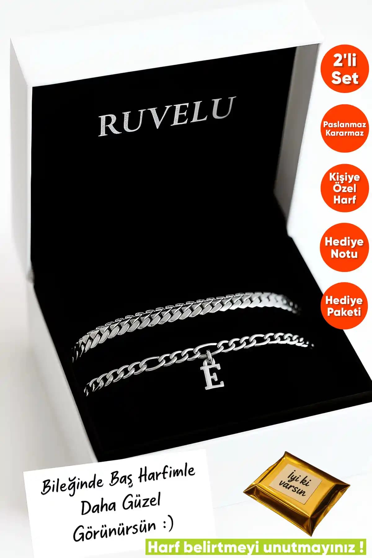 Ruvelu Unisex Paslanmaz Çelik Çift Bileklik Seti Modern ve Şık Tasarım