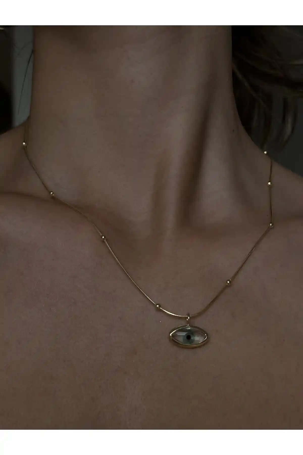 Sade Accessory Su Yeşili Cam Göz Kolye Top Zincirli Şık ve Dayanıklı Tasarım