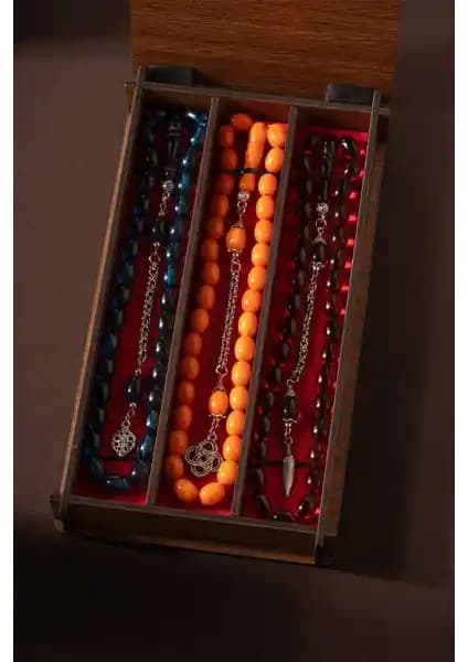 Tesbihkenti 3'lü Ahşap Kutu Kehribar Tesbih Seti Estetik ve Dayanıklı Tasarım