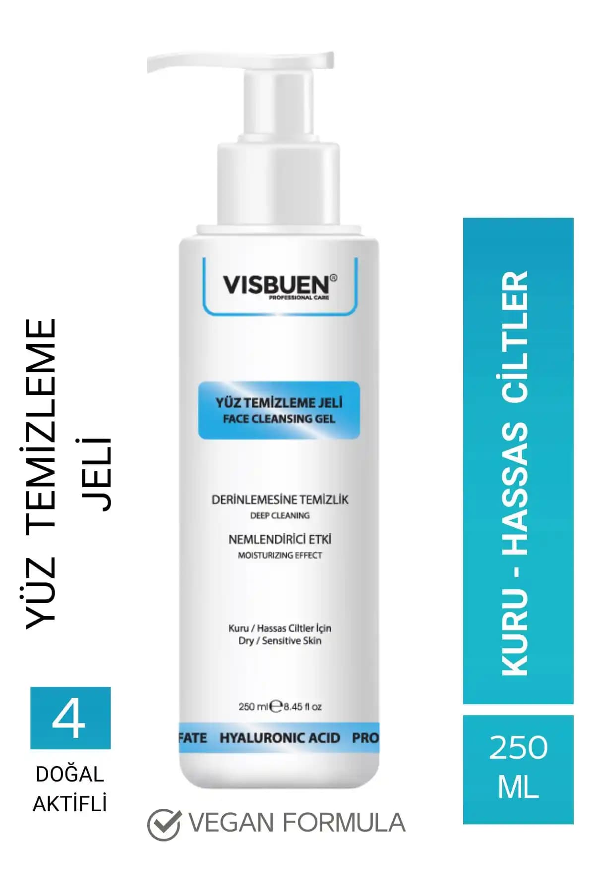 Visbuen Hassas ve Kuru Ciltler İçin 4 Aktifli Nemlendirici ve Temizleme Jeli