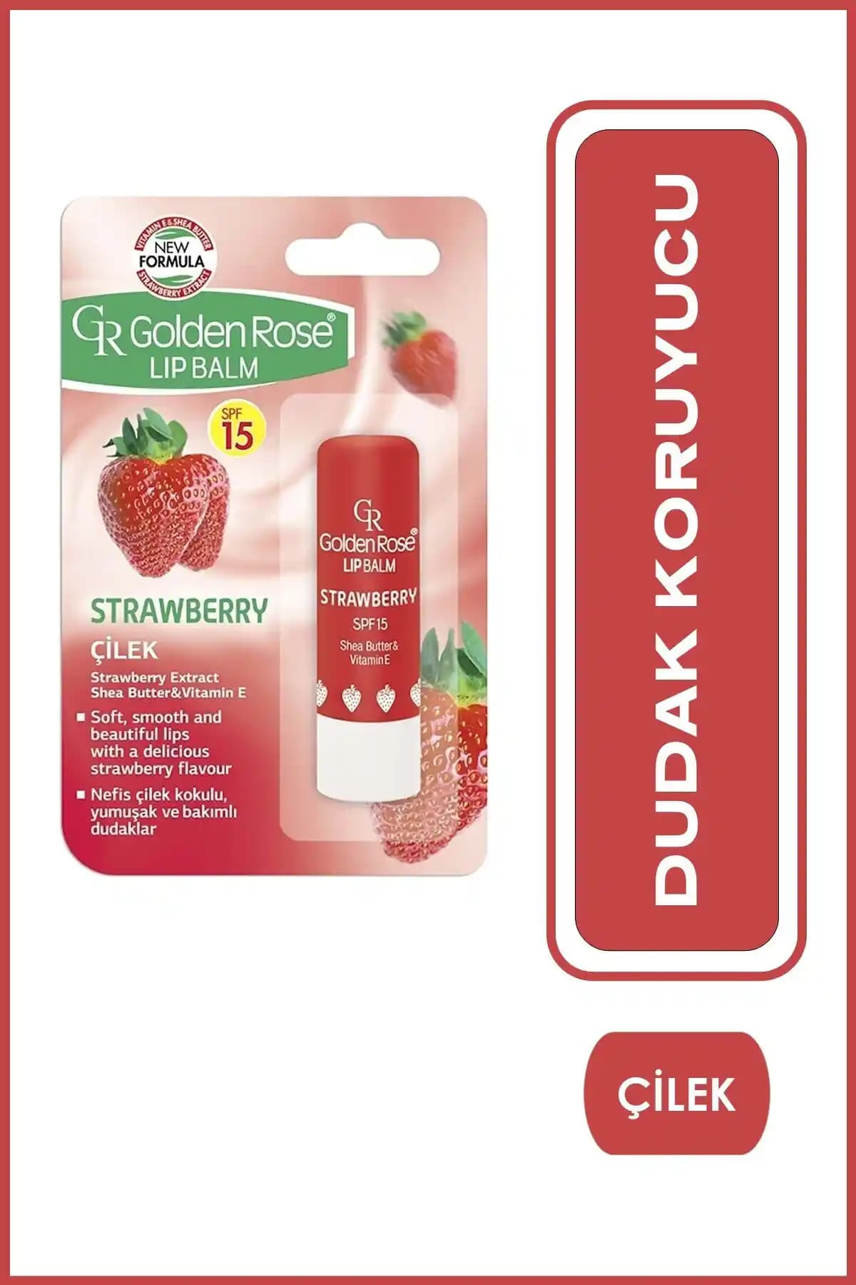 Golden Rose Çilekli Dudak Balsamı SPF 15 ile doğal ve parlak dudaklar için ideal bakım ürünü