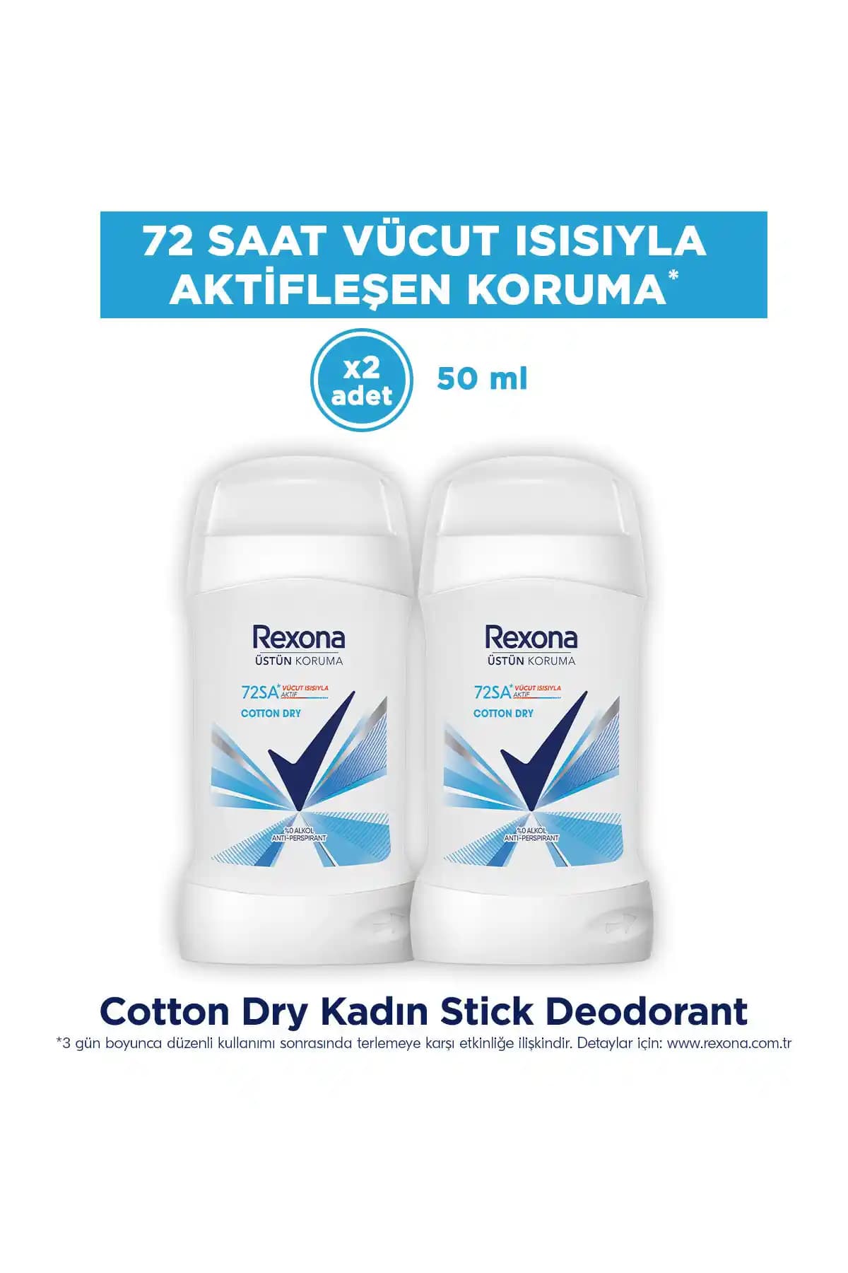 Rexona Üstün Koruma Kadın Stick Deodorant Cotton Dry 50 ml Çift Paket Günlük Kullanım