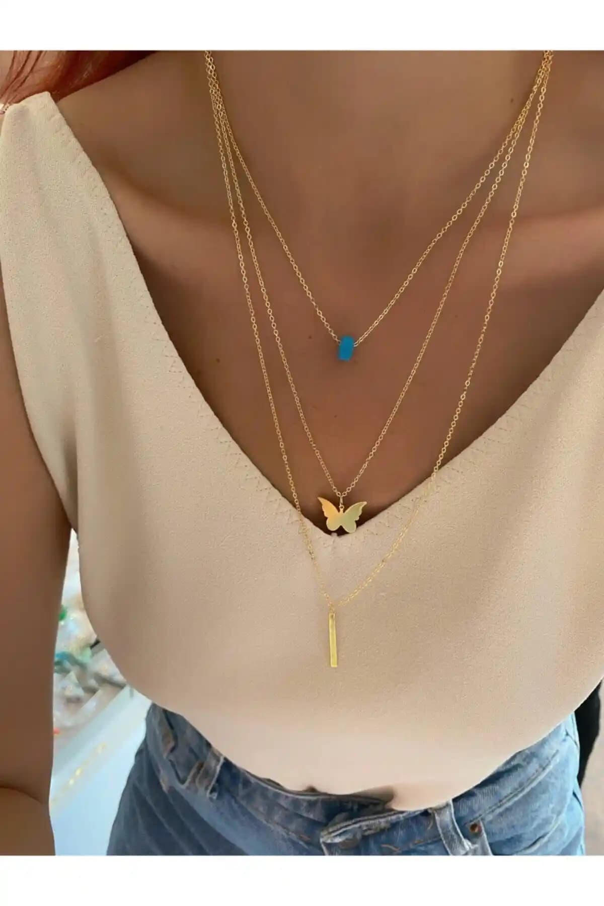 Everglow Jewelry Premium Pul Kelebek Kolye Üçlü Gold Zarif ve Dayanıklı Tasarım