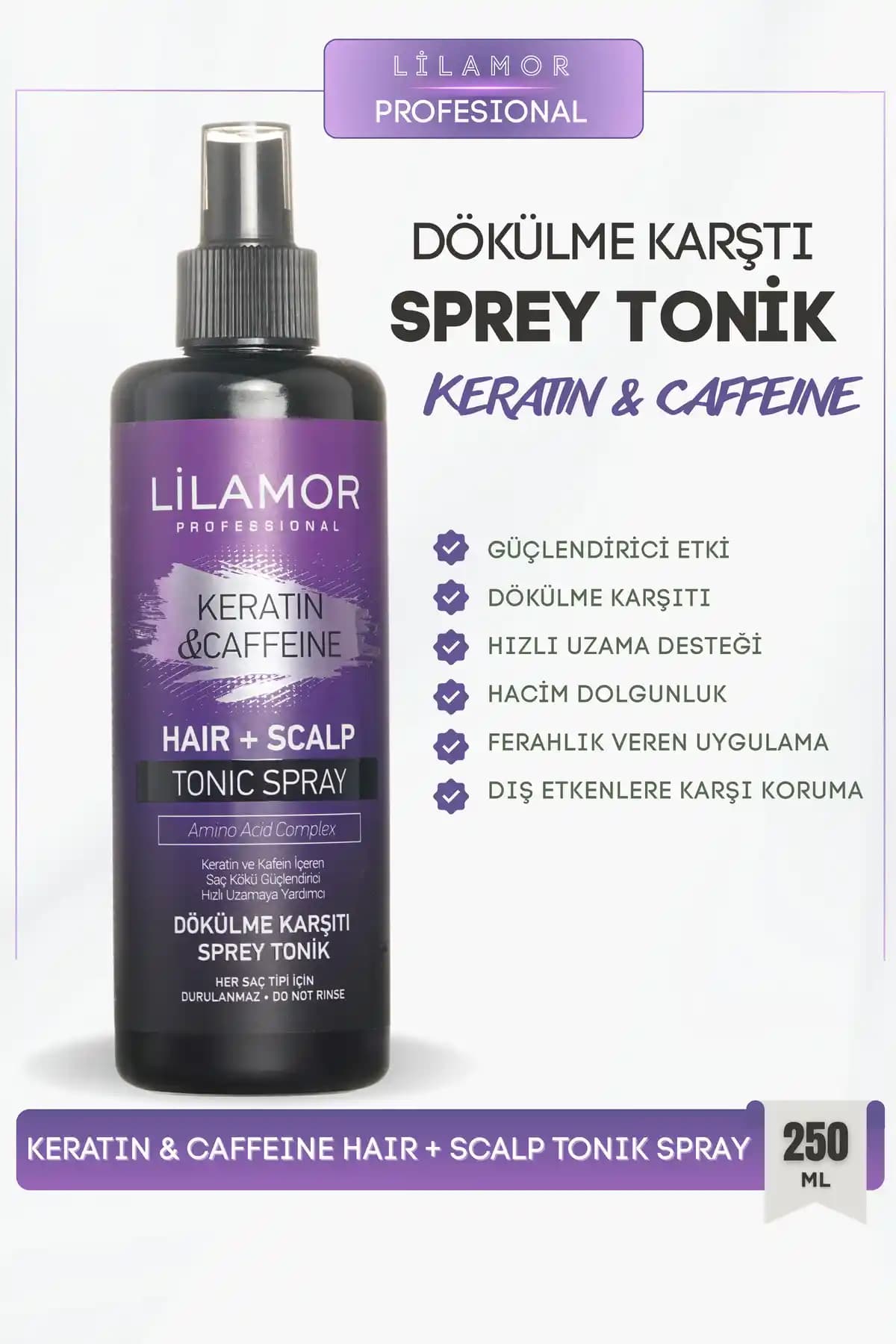 Lilamor Keratin ve Kafein İçeren Saç Dökülmesine Karşı Tonik Sprey 250 ml