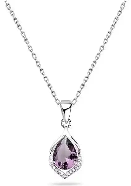 Brezza Lusso Gümsüş Ametist Taşlı Su Damlası Kan Gümsüş Kolye İnce Detaylarıyla