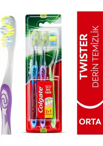 Colgate Twister Orta Sertlikli Diş Fırçası 2+1 Paket Günlük Ağız Bakımı İçin Uygun
