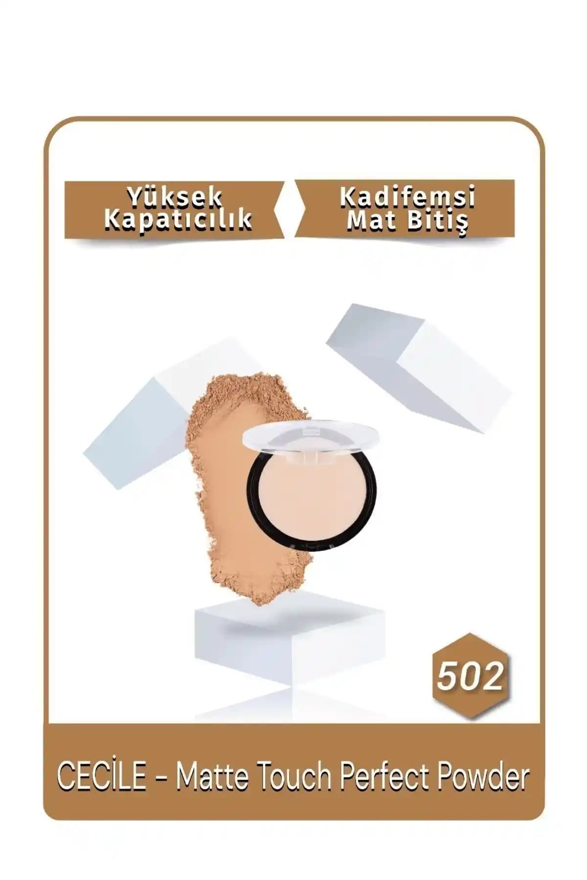 Cecile Matte Touch Perfect Powder 502 Beige: Günlük ve özel makyajlar için yüksek kapatıcılık sağlayan pudra
