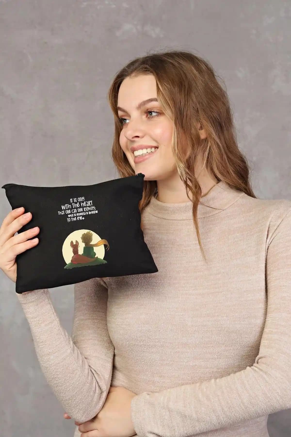 Çınar Bez Çanta Clutch Little Prince Siyah Kanvas Makyaj Çantası Günlük Kullanım İçin Uygun