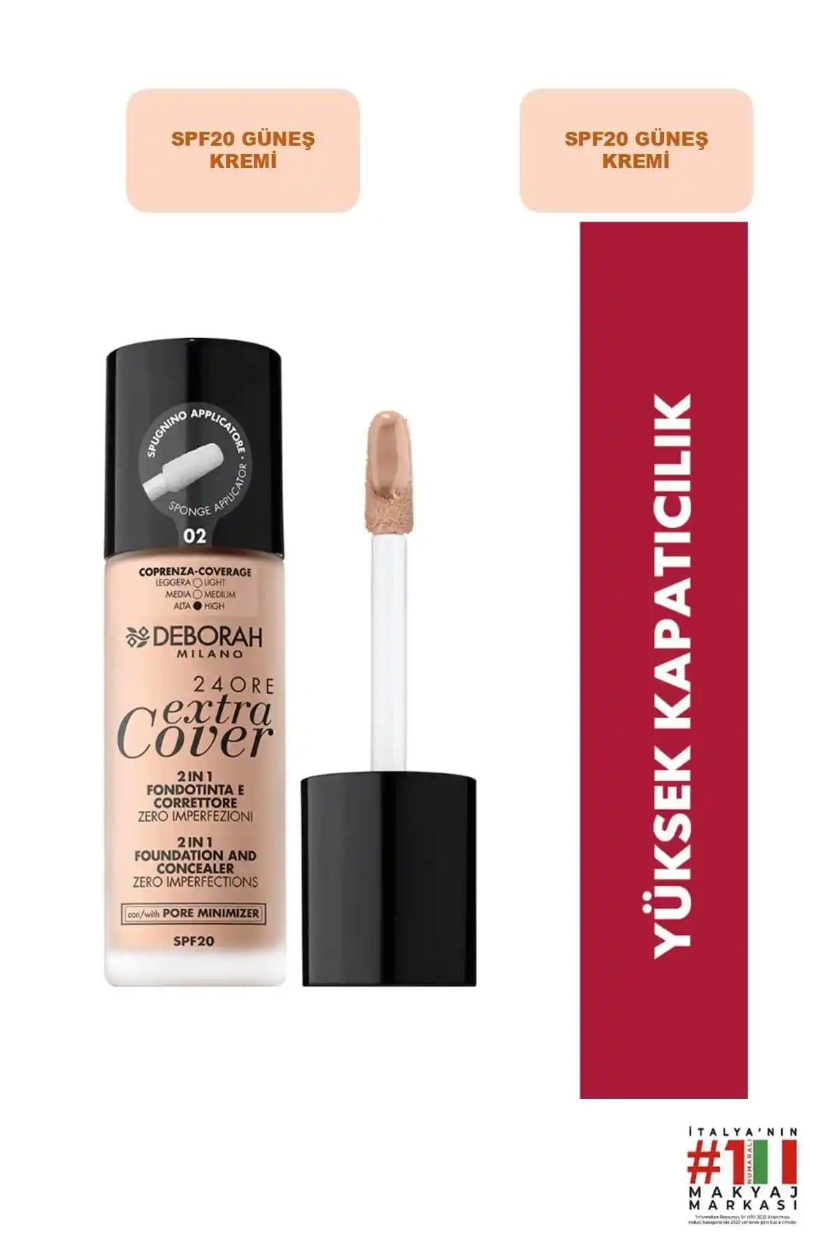 Deborah 24 Ore Extra Cover Fondöten No: 02 Beige yüksek kapatıcılık ve mat bitiş sağlayan ürün