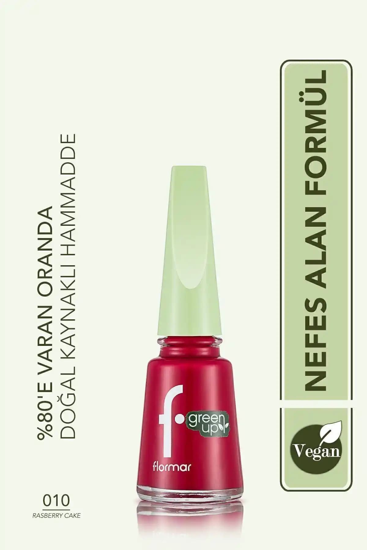 Flormar Vegan Oje Green Up Nail Enamel 010 Rasberry Cake Parlak ve Nefes Alabilen Renkli Tırnak Cilası