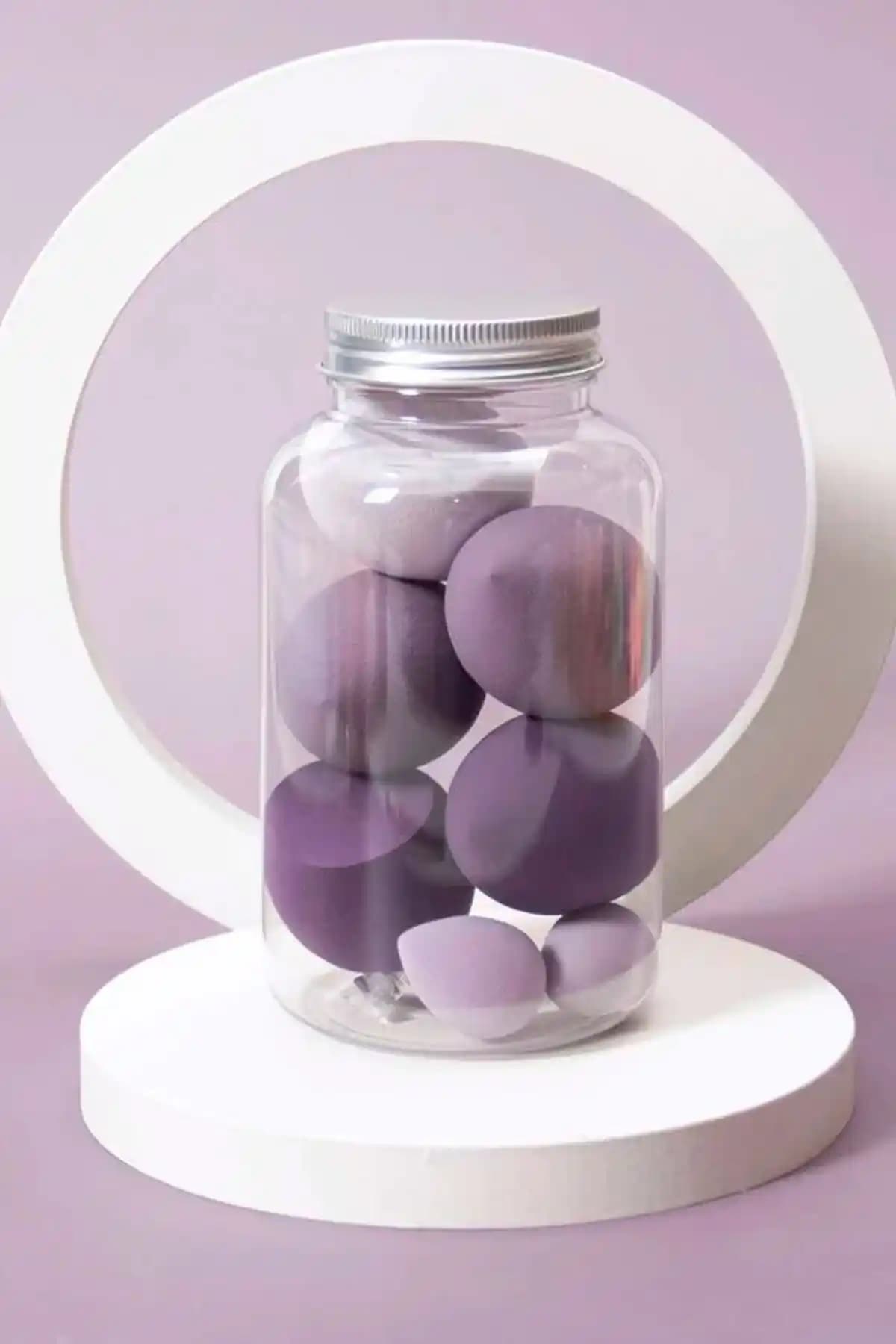 H&E Design 7'li Lila Tonları Kavanoz Makyaj Süngeri Seti: Şık ve Fonksiyonel Makyaj Aksesuarları