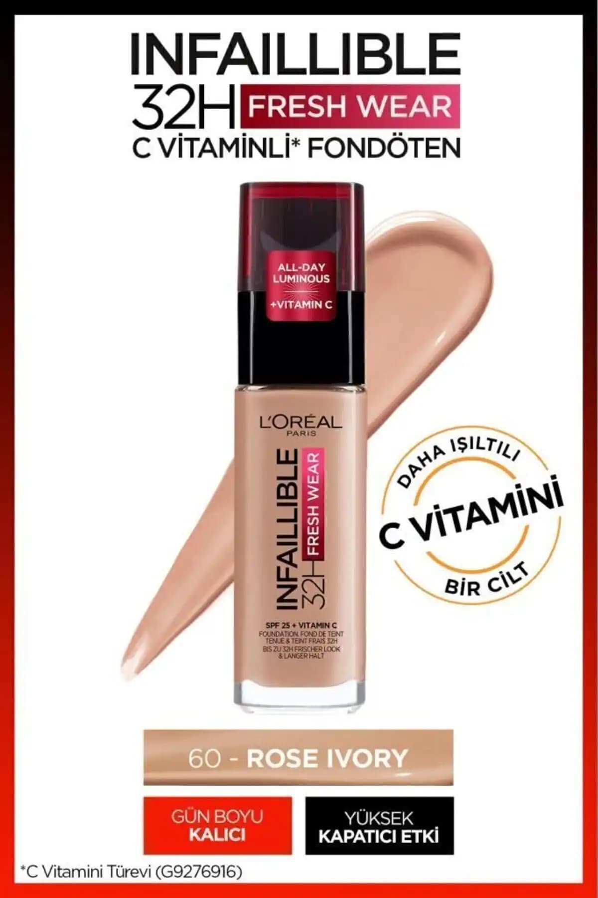 L'Oreal Paris Infaillible 32h Fresh Super Wear C Vitaminli Fondöten - Uzun Süre Kalıcı ve Parlak Görünüm Sağlar