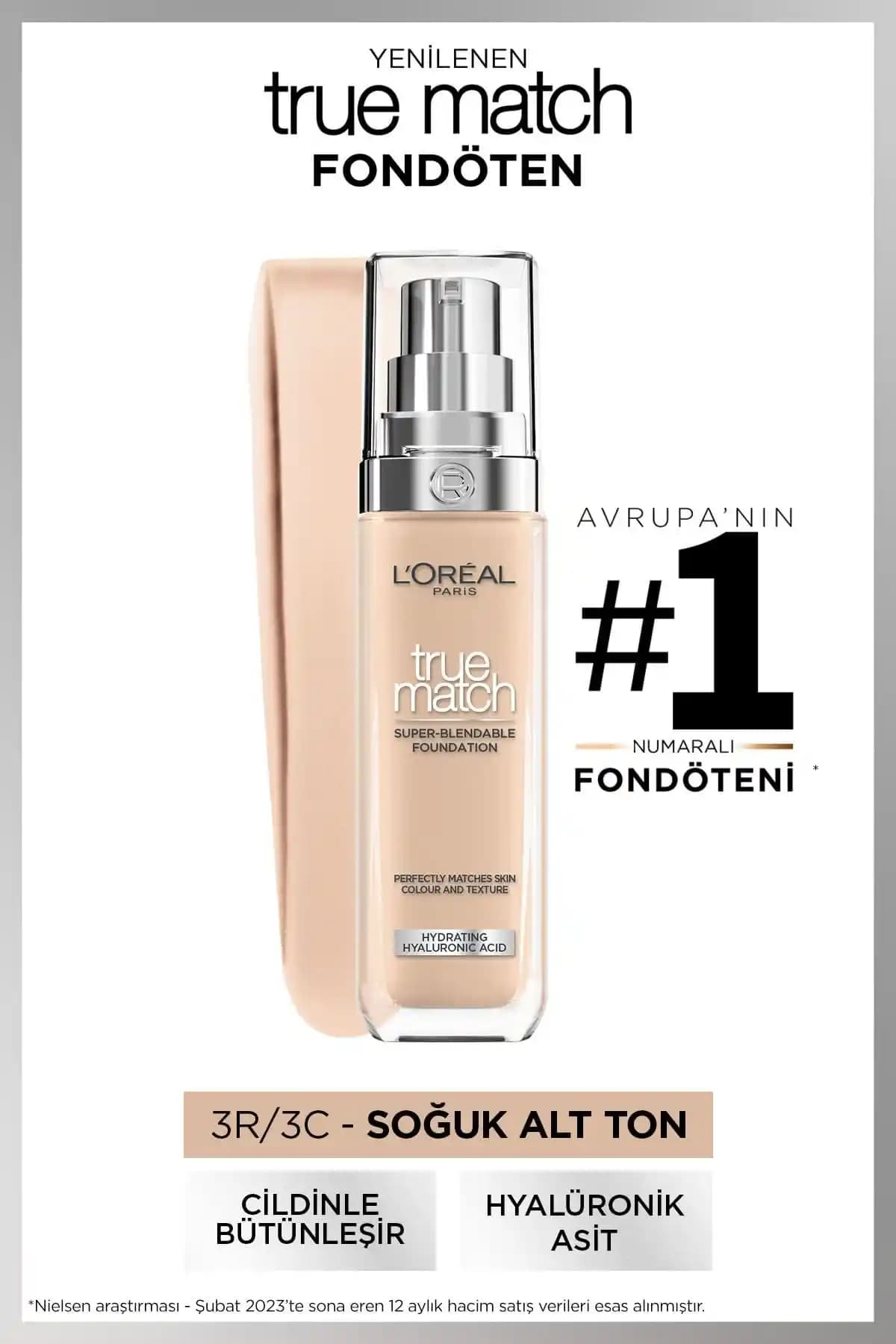 L'Oreal Paris True Match Bakım Yapan Fondöten 3C Soğuk Alt Ton ile doğal ve yüksek kapatıcılık