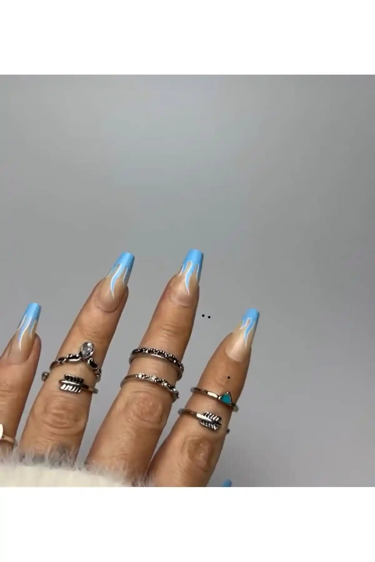 Limmons 20 Adet Pudra Alev Desenli Ateşli Tırnak Takma ve Yapıştırıcı Seti