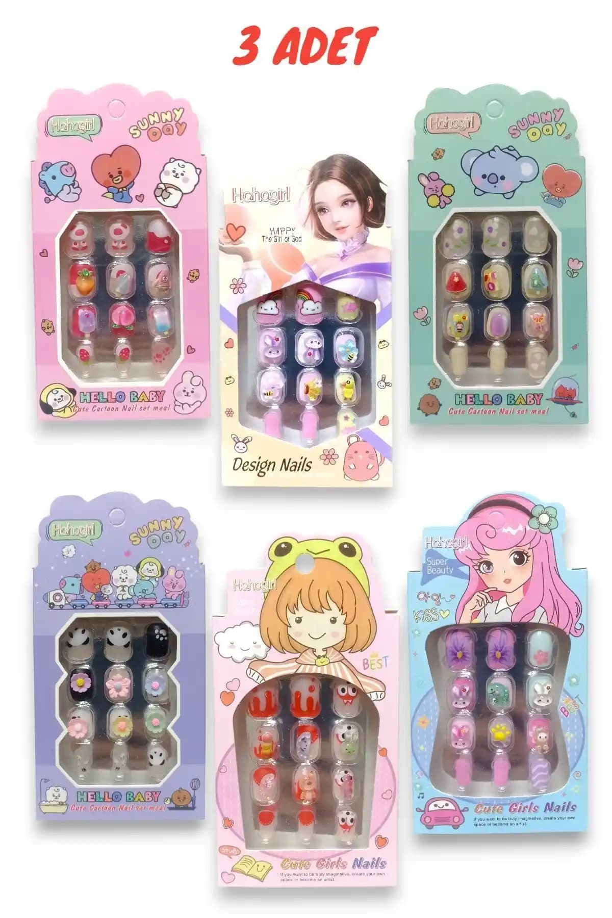 LYLLIA 3 Adet Kendinden Yapışkanlı Renkli Kız Çocuk Tırnak Seti Güvenli ve Eğlenceli