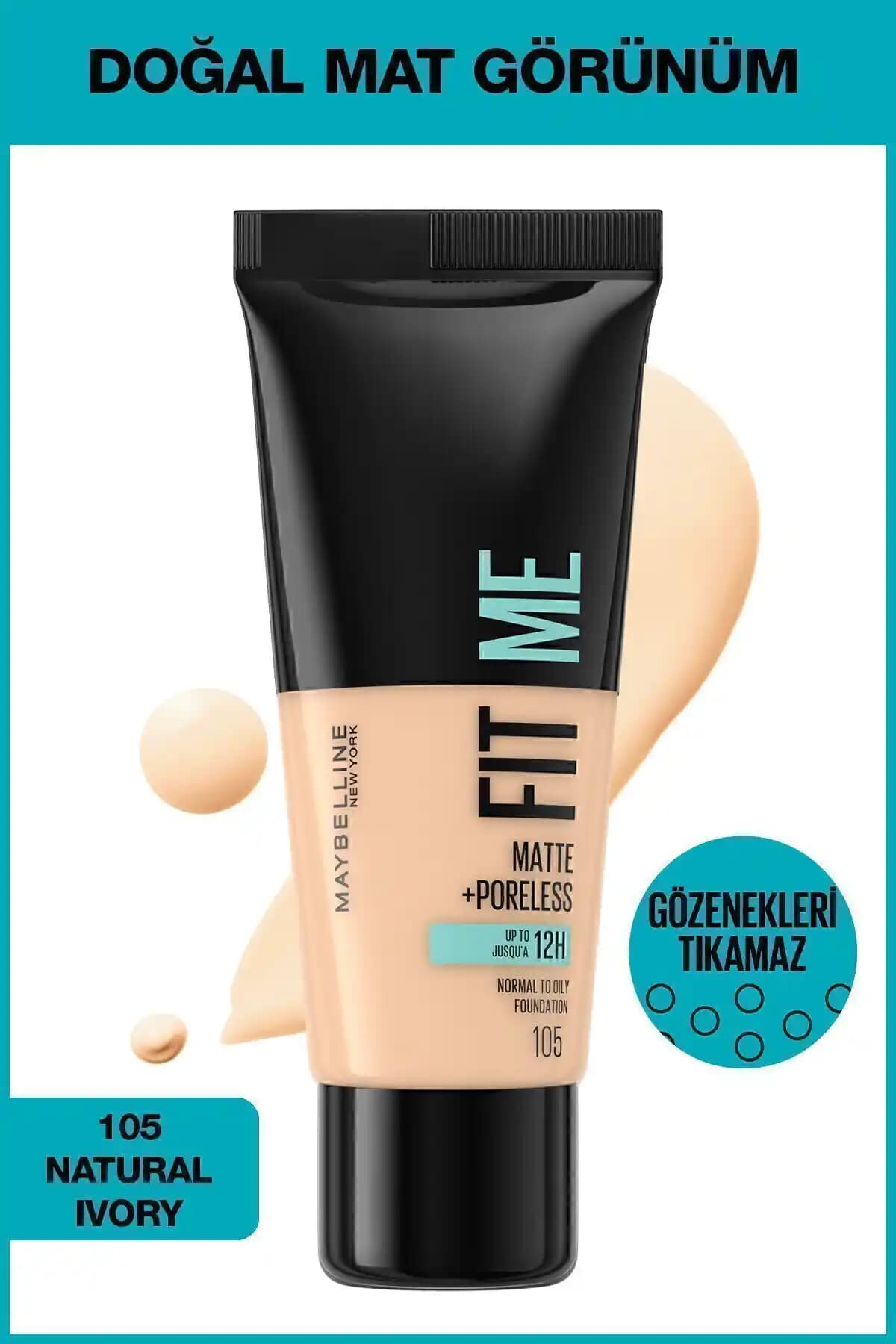 Maybelline Fit Me Matte+Poreless Fondöten 105 Natural Ivory - Günlük ve Tüm Cilt Tipleri İçin
