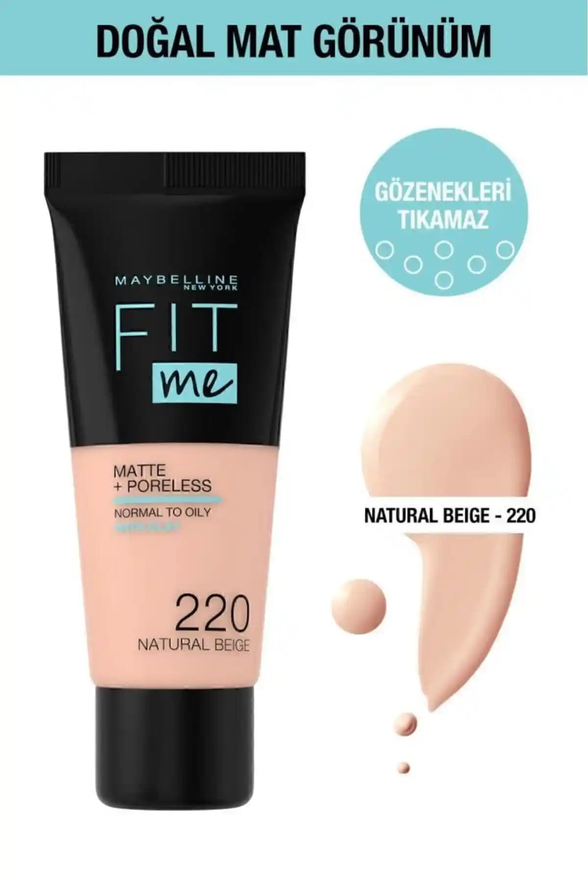 Maybelline Fit Me Matte Poreless Fondöten 220 Natural Beige - Uzun Süreli Mat ve Doğal Görünüm