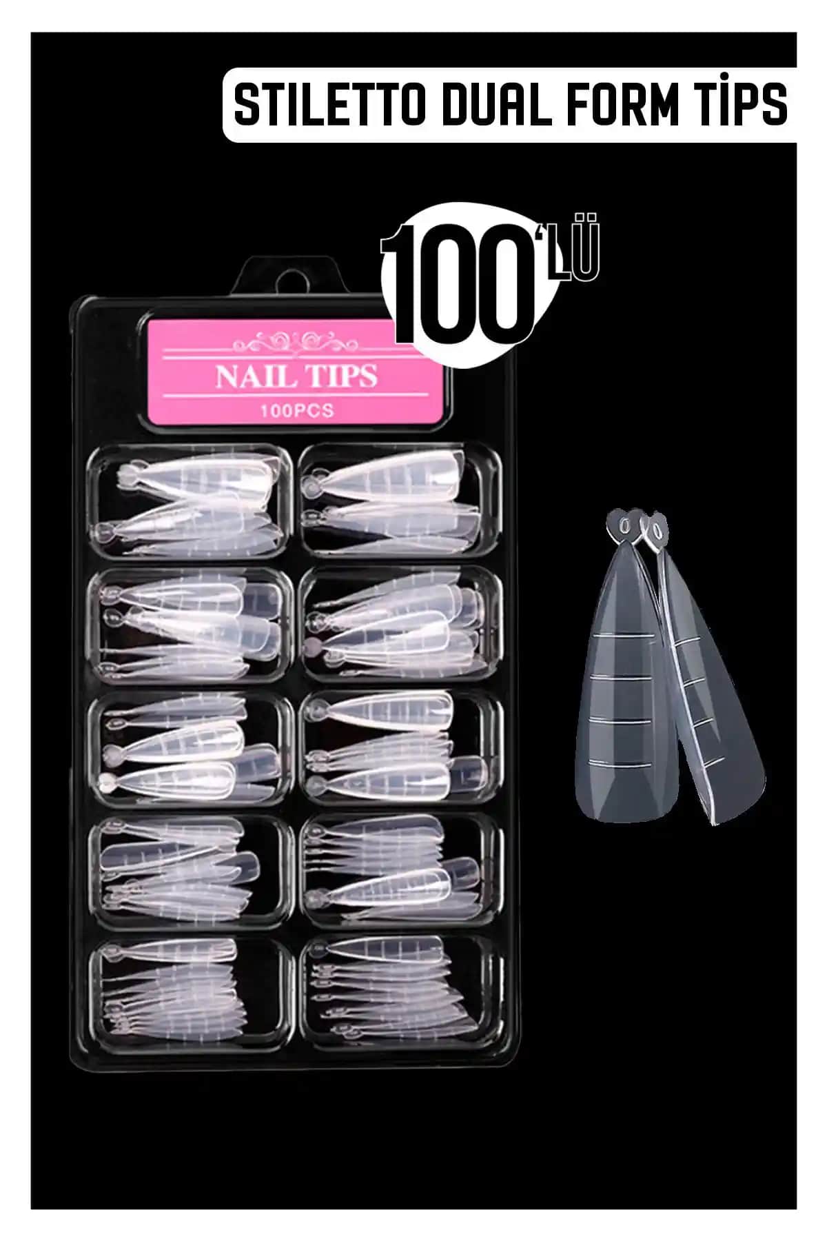 Moziur 100'lü Şeffaf Stiletto Dual Form Tips Profesyonel Tırnak Sanatı Malzemeleri