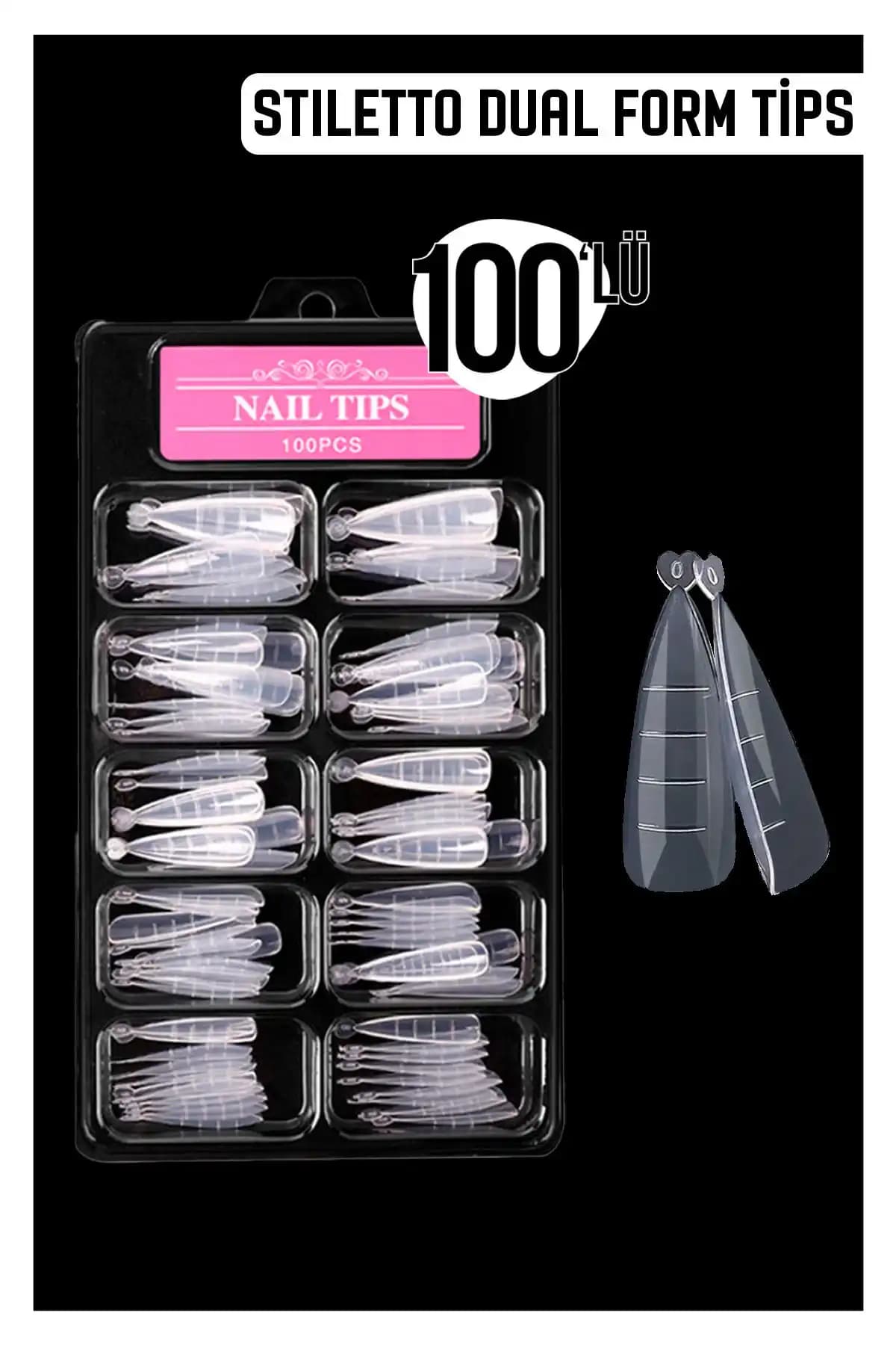 Moziur 100'lü Şeffaf Stiletto Dual Form Tips Profesyonel Tırnak Sanatı Malzemeleri