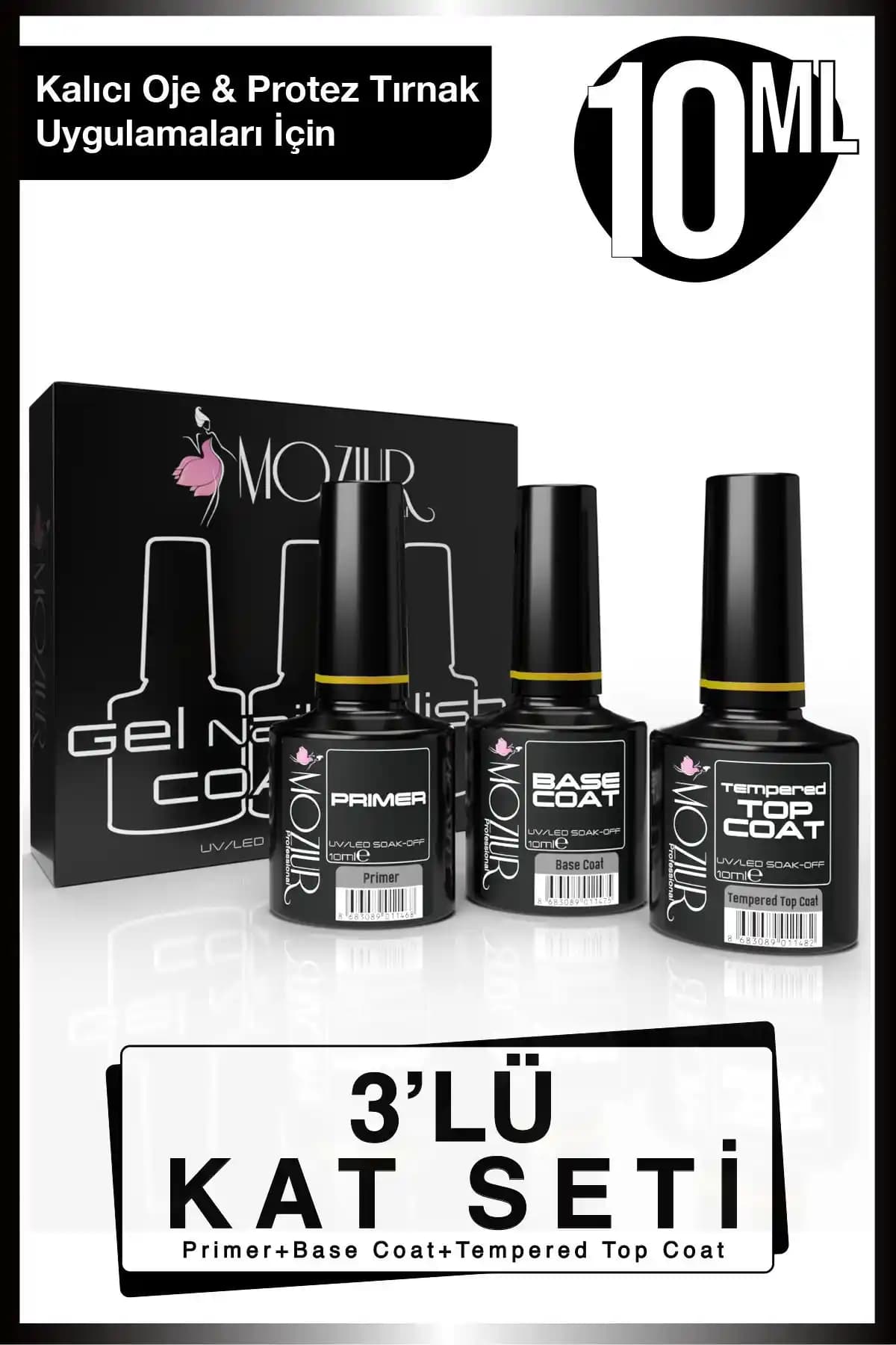 MOZIUR 3'lü Primer, Base ve Top Coat Seti 10ml Kalıcı ve Güçlü Tırnak Bakım Çözümü