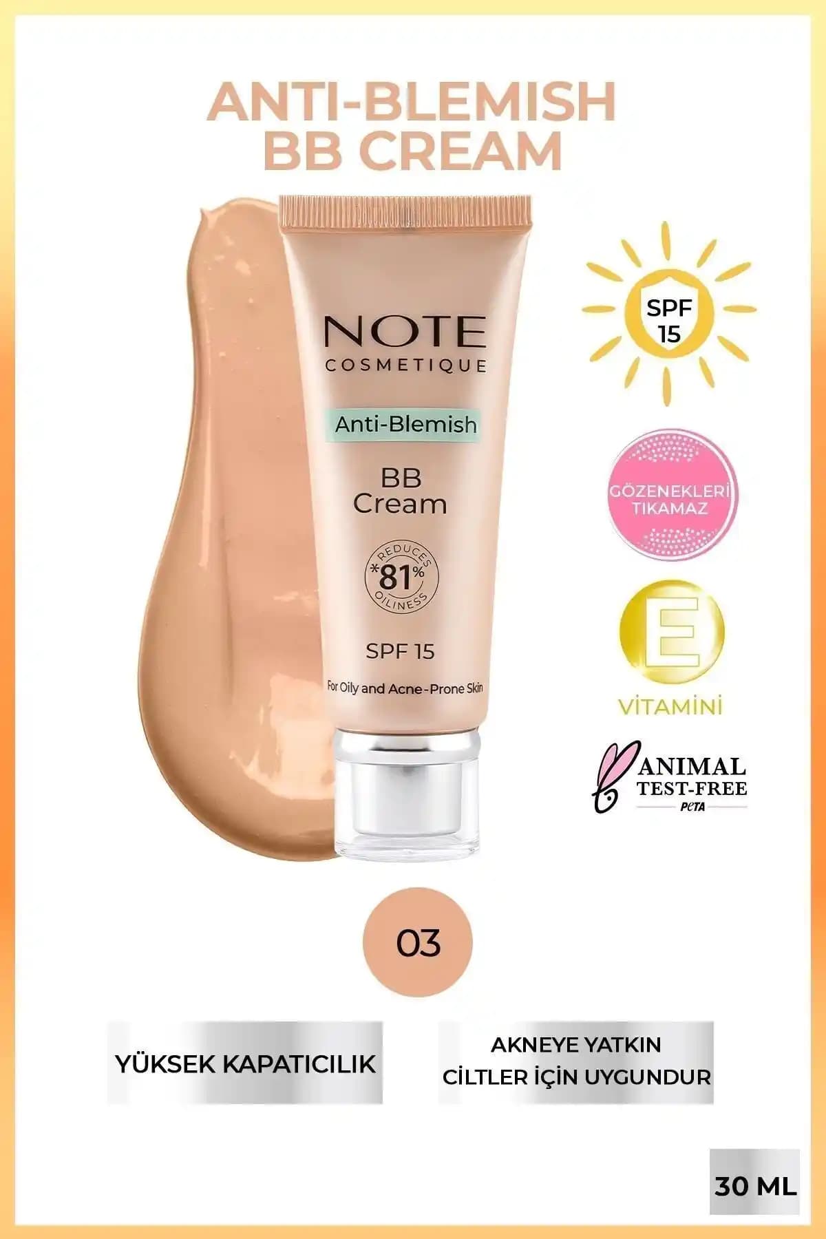 Note Cosmetics Anti-Blemish BB Krem SPF 15 ile doğal ve etkili cilt koruması sağlanır