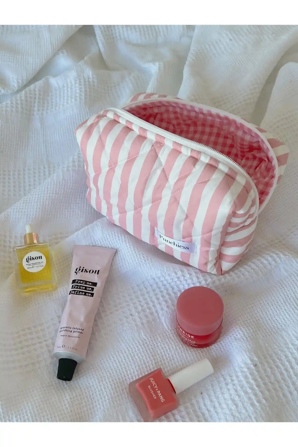 Punchiess Çizgili Büyük Boy Pembe Jüt Makyaj Çantası Modern ve Kullanışlı Tasarım