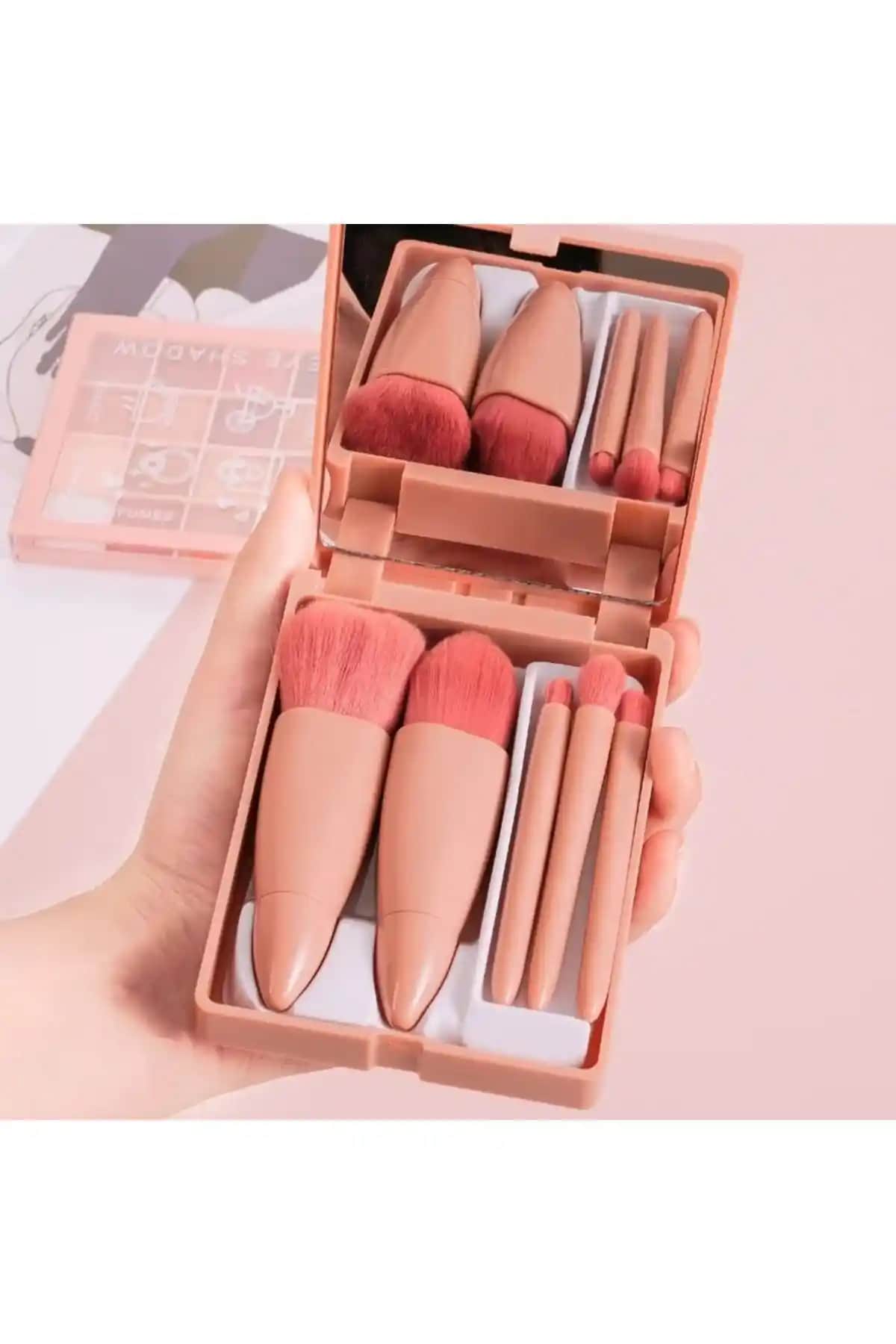 ROWENAROSE Saydam Kutulu Aynalı Lüks Fırça Seti 5'li, Pratik ve Şık Makyaj Aksesuarları