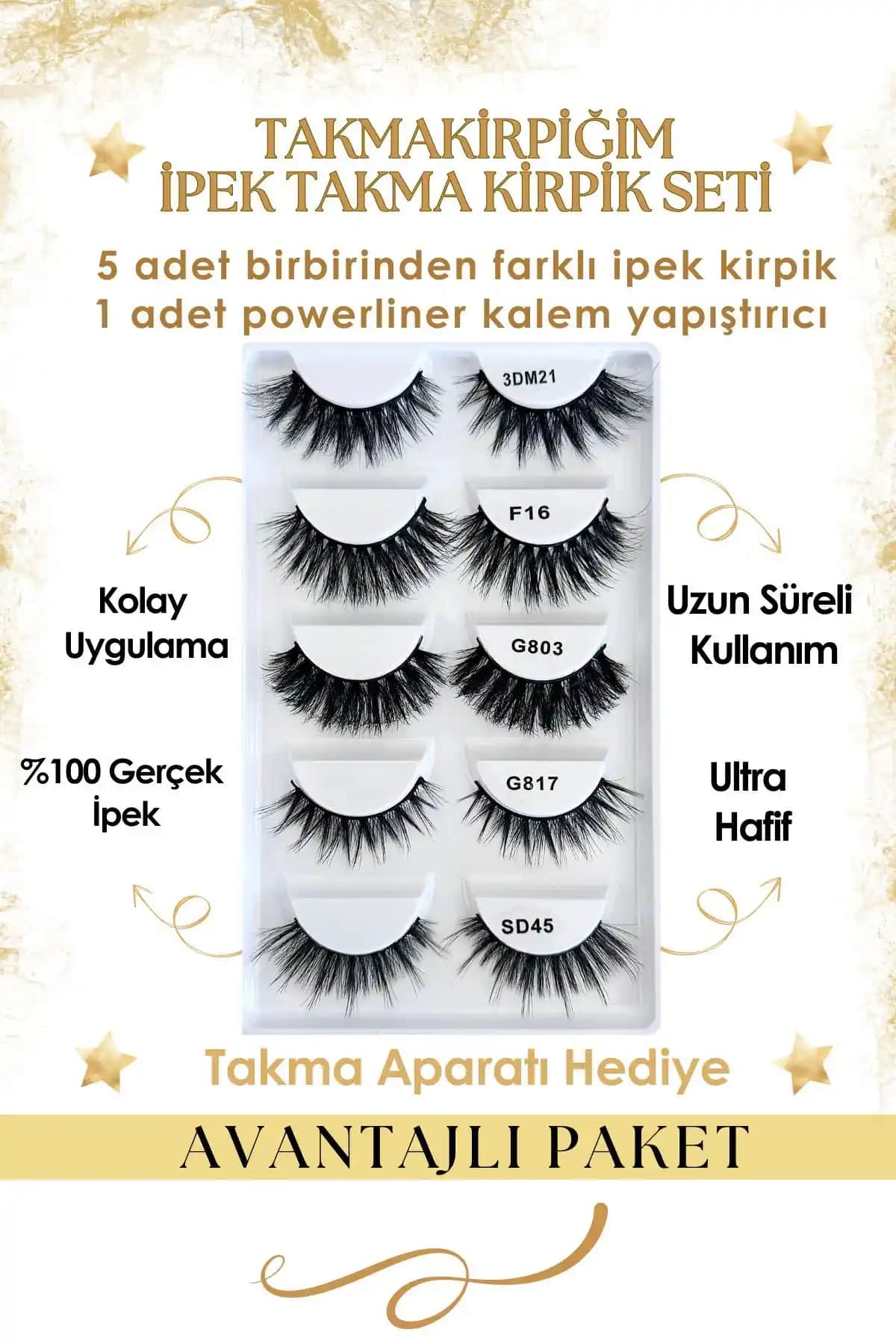 Takmakirpiğim Beşli Yoğun Ipek Takma Kirpik Seti ve Powerliner Şeffaf Yapıştırıcıyla Mükemmel Bakışlar