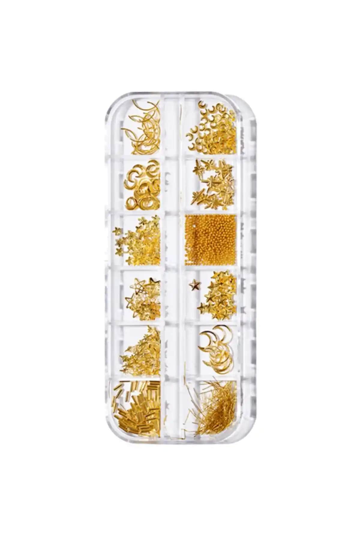 Venalisa 12'li Nail Art Parçaları Altın Renkli Tırnak Süsleme Seti Güzel ve Yaratıcı Tasarımlar İçin