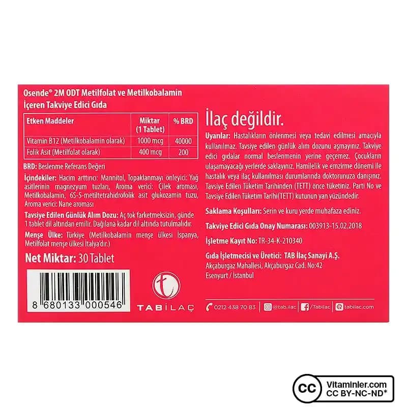Osende 2M: Metilfolat ve Metilkobalamin İçeren Güçlü Takviye Edici Gıda