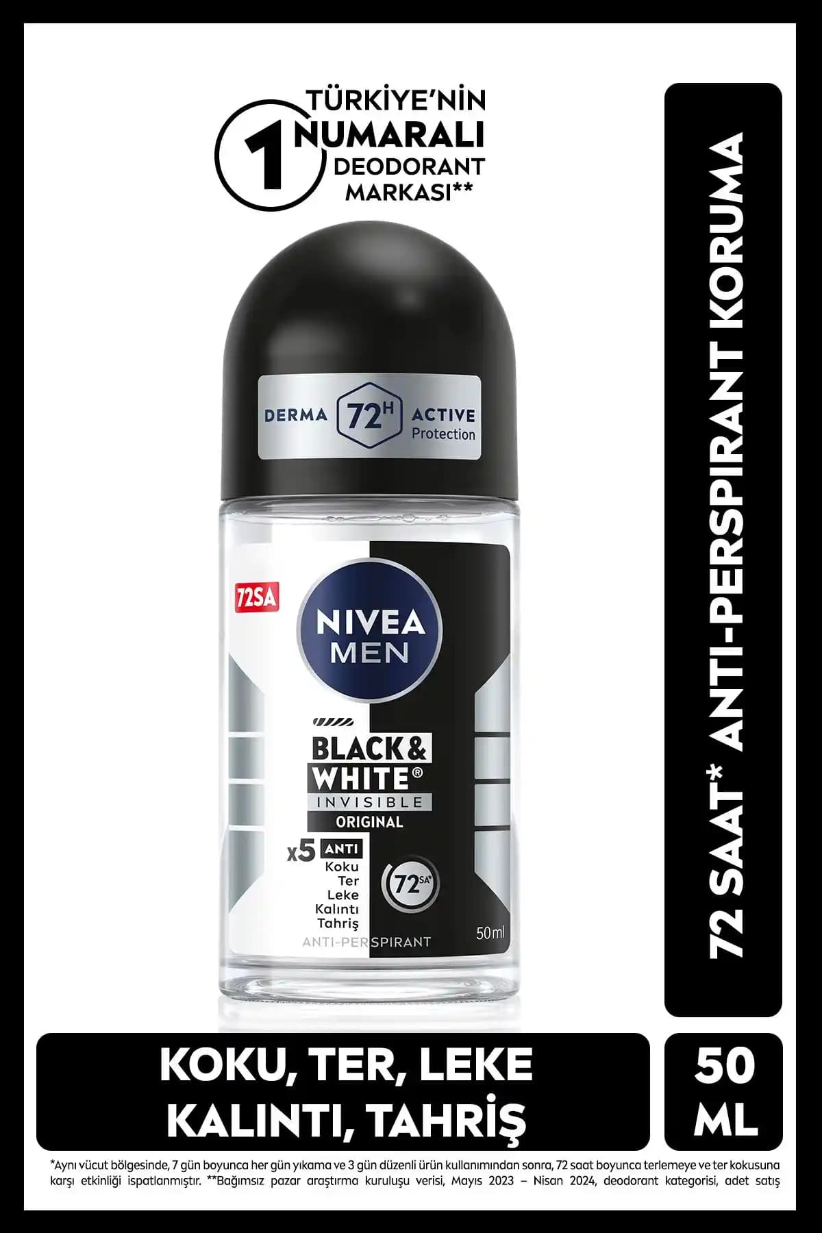 NIVEA Men Erkek Roll On Deodorant Black&White Invisible: 72 Saat Koruma
